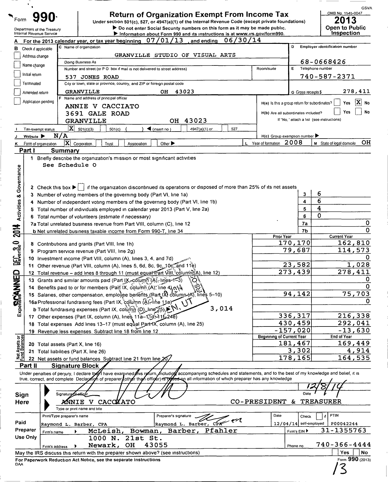 Image of first page of 2013 Form 990 for Granville Studio of Visual Arts