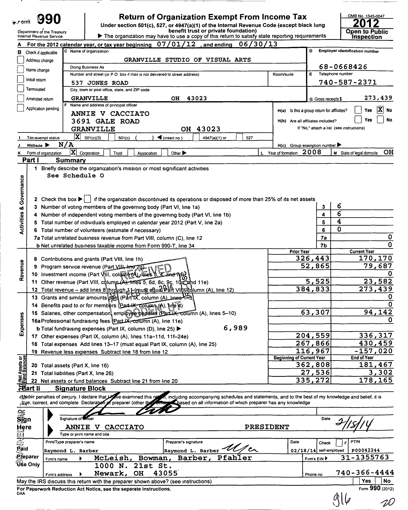 Image of first page of 2012 Form 990 for Granville Studio of Visual Arts