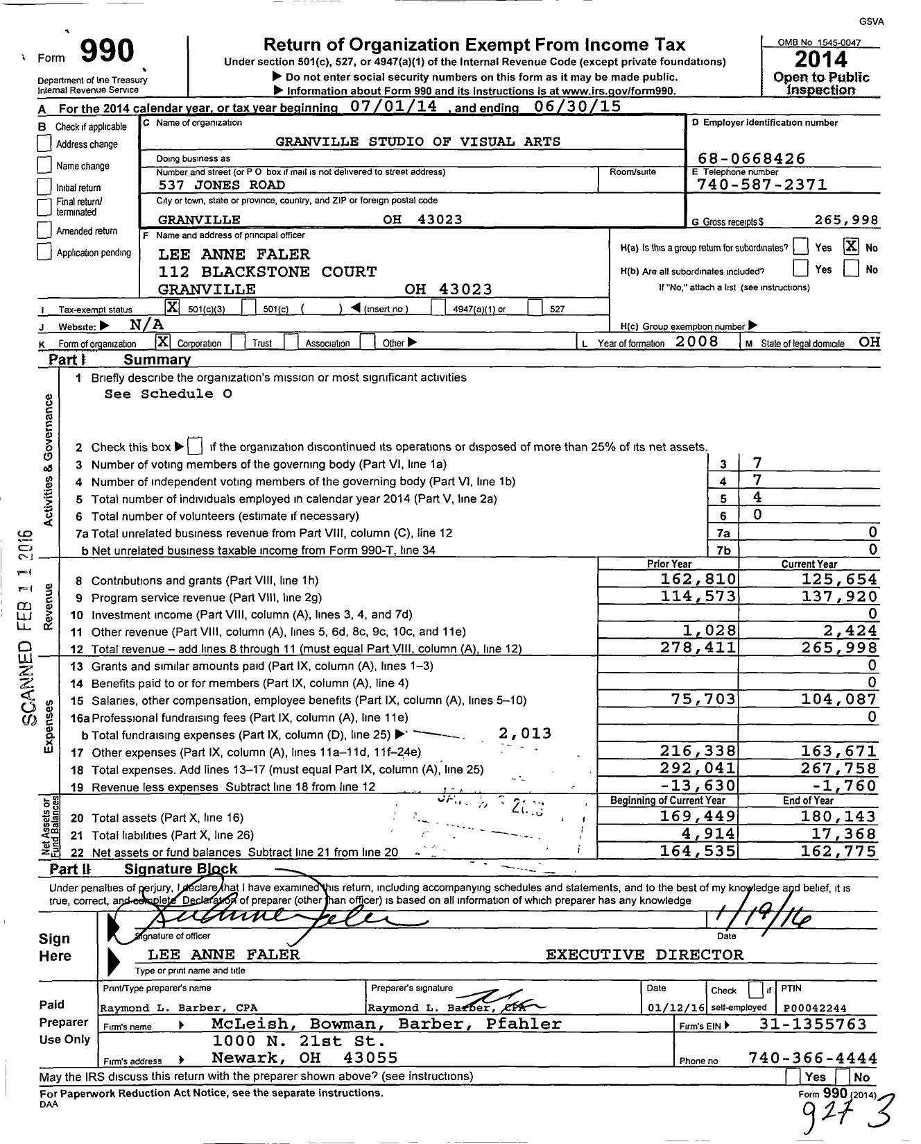 Image of first page of 2014 Form 990 for Granville Studio of Visual Arts