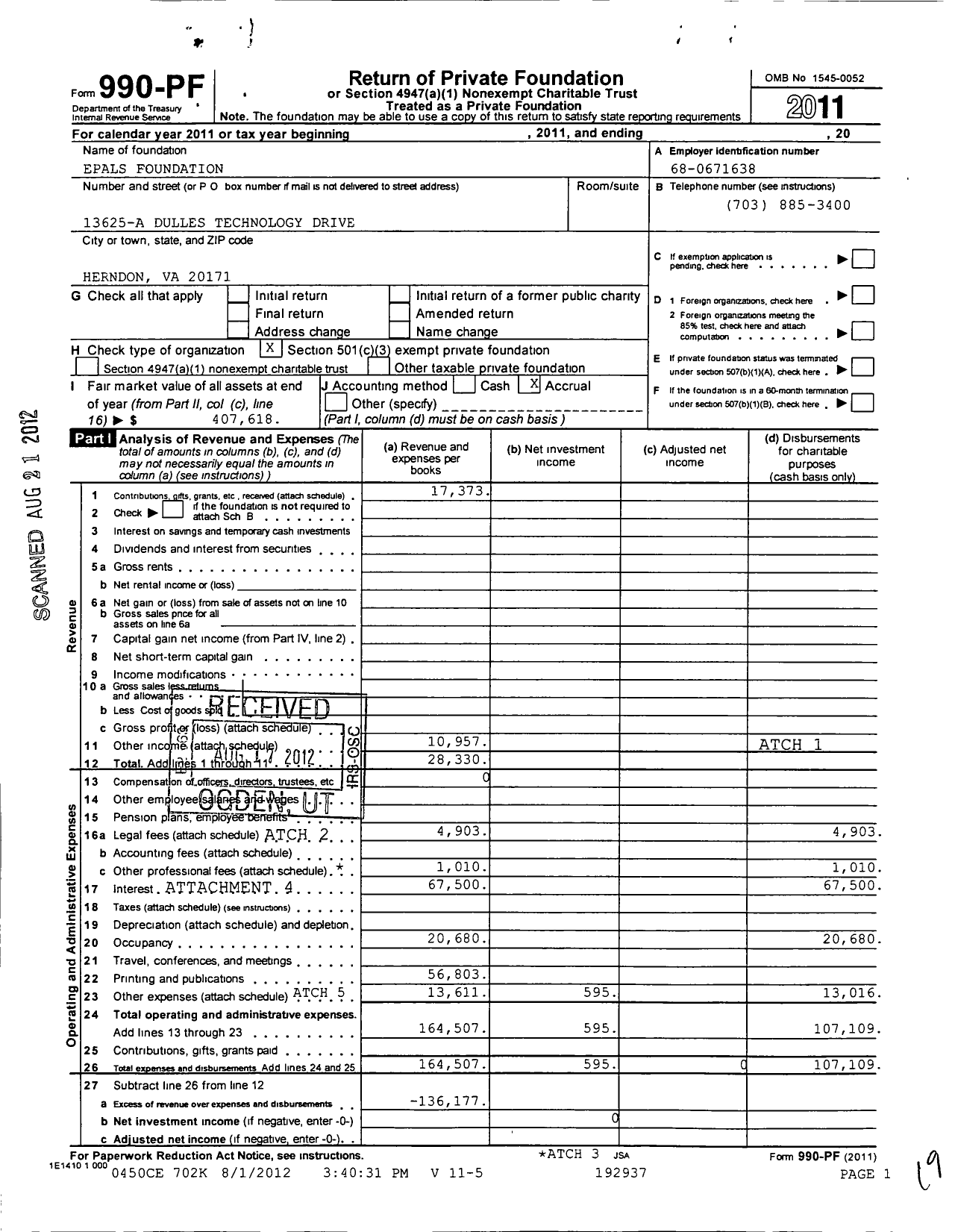 Image of first page of 2011 Form 990PF for Epals Foundation