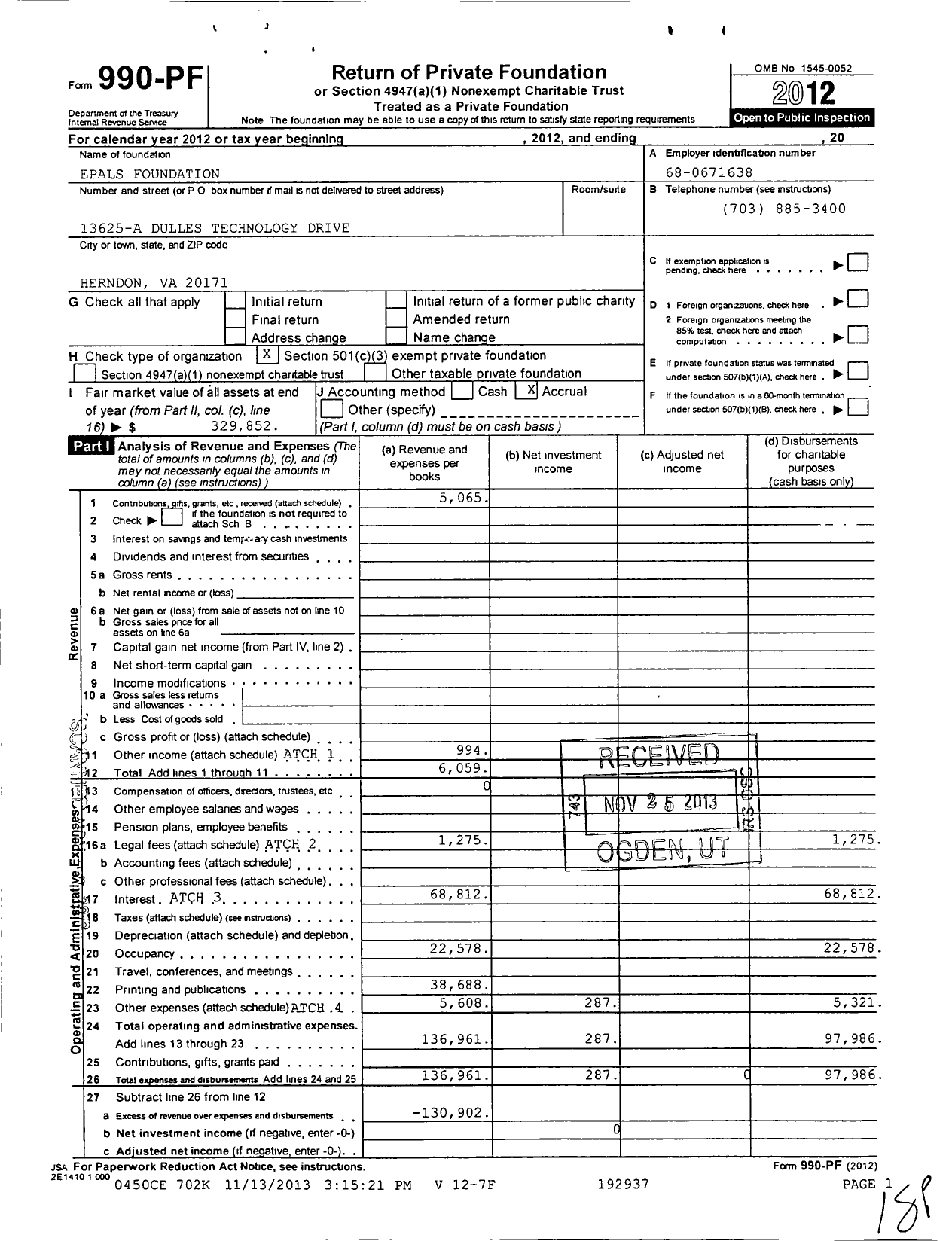 Image of first page of 2012 Form 990PF for Epals Foundation