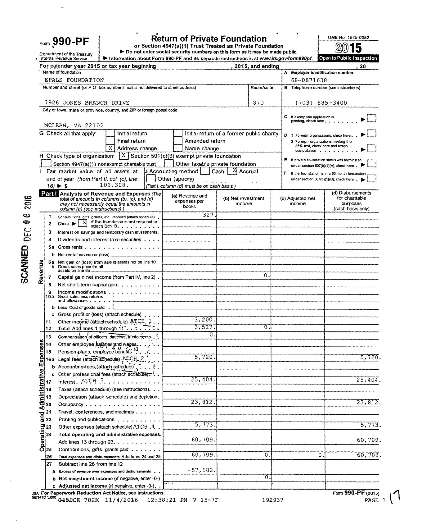Image of first page of 2015 Form 990PF for Epals Foundation