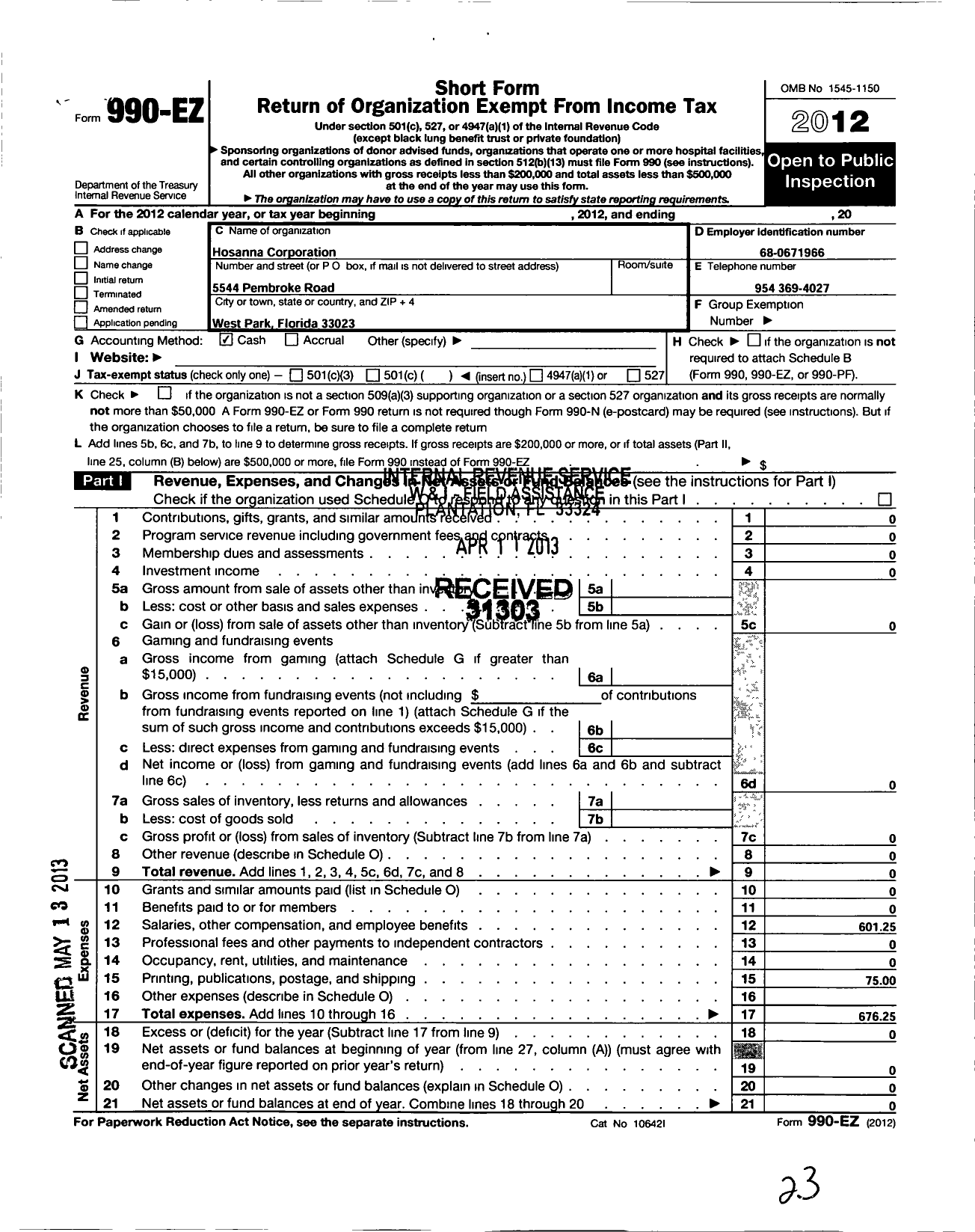 Image of first page of 2012 Form 990EO for Hosanna Corporation