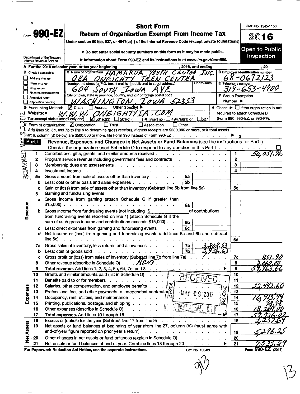 Image of first page of 2016 Form 990EZ for Hamakua Youth Center