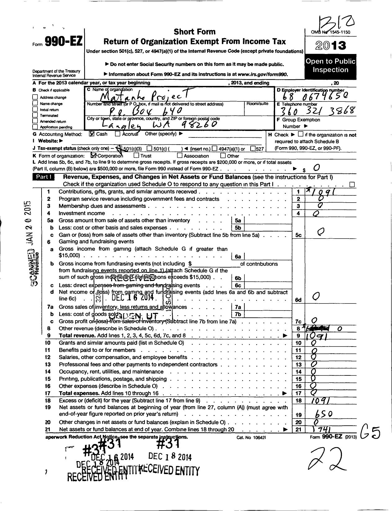 Image of first page of 2013 Form 990EZ for Matanho Project