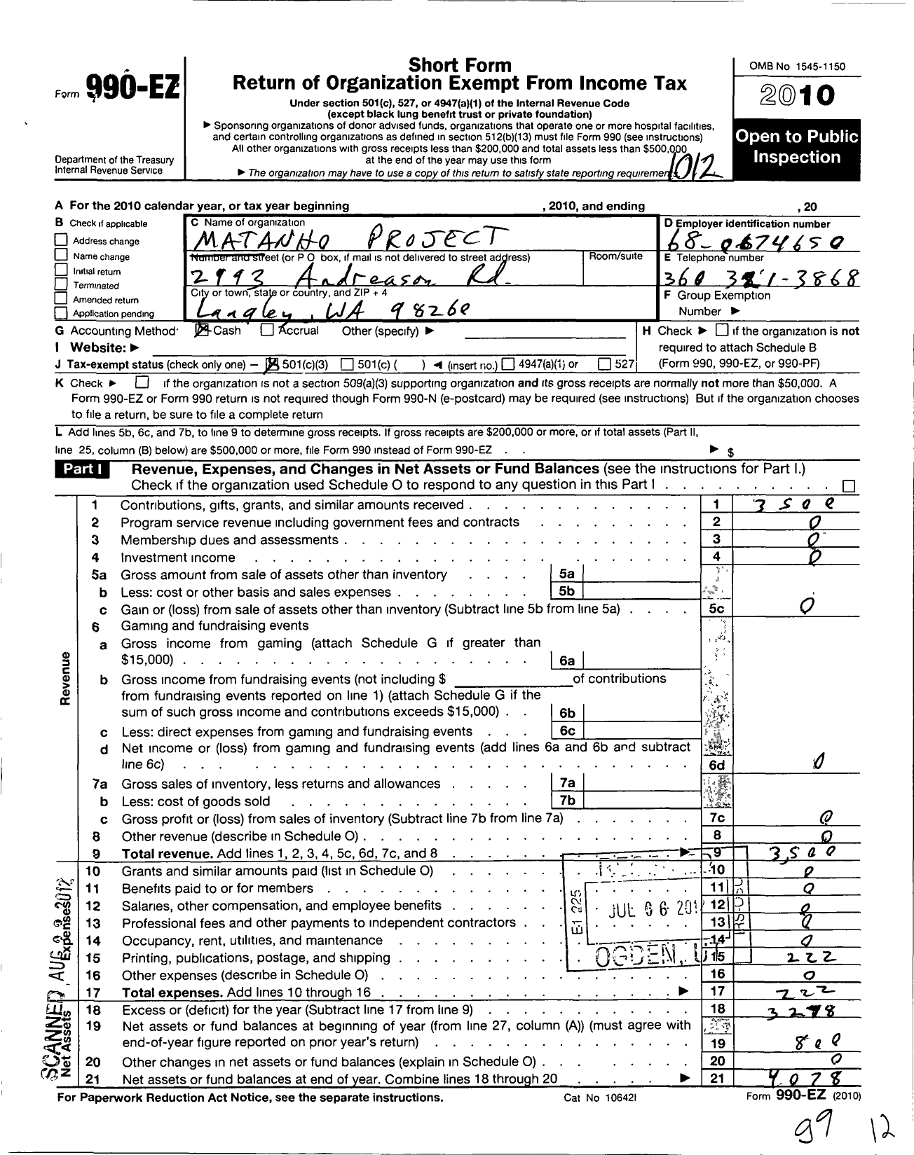 Image of first page of 2010 Form 990EZ for Matanho Project