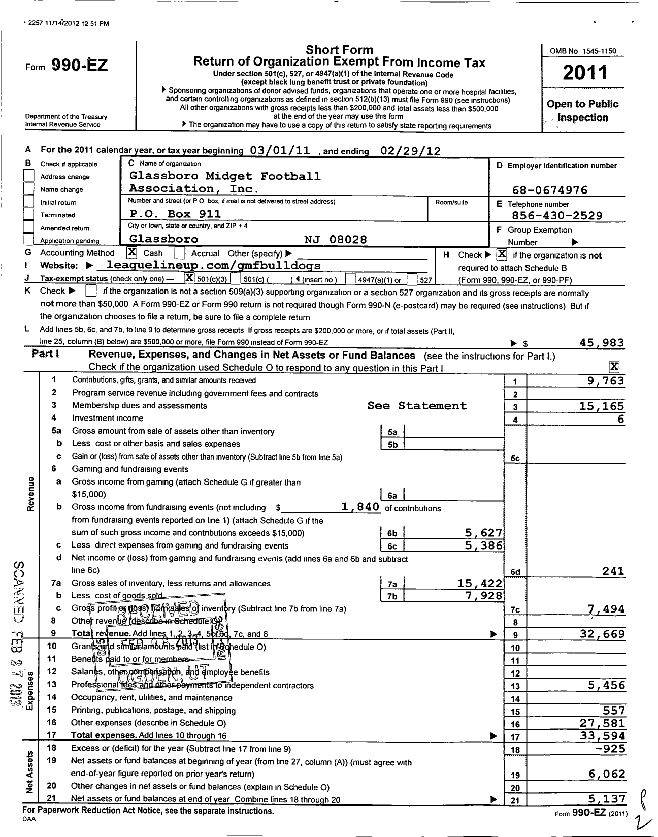 Image of first page of 2011 Form 990EZ for Glassboro Midget Football Association