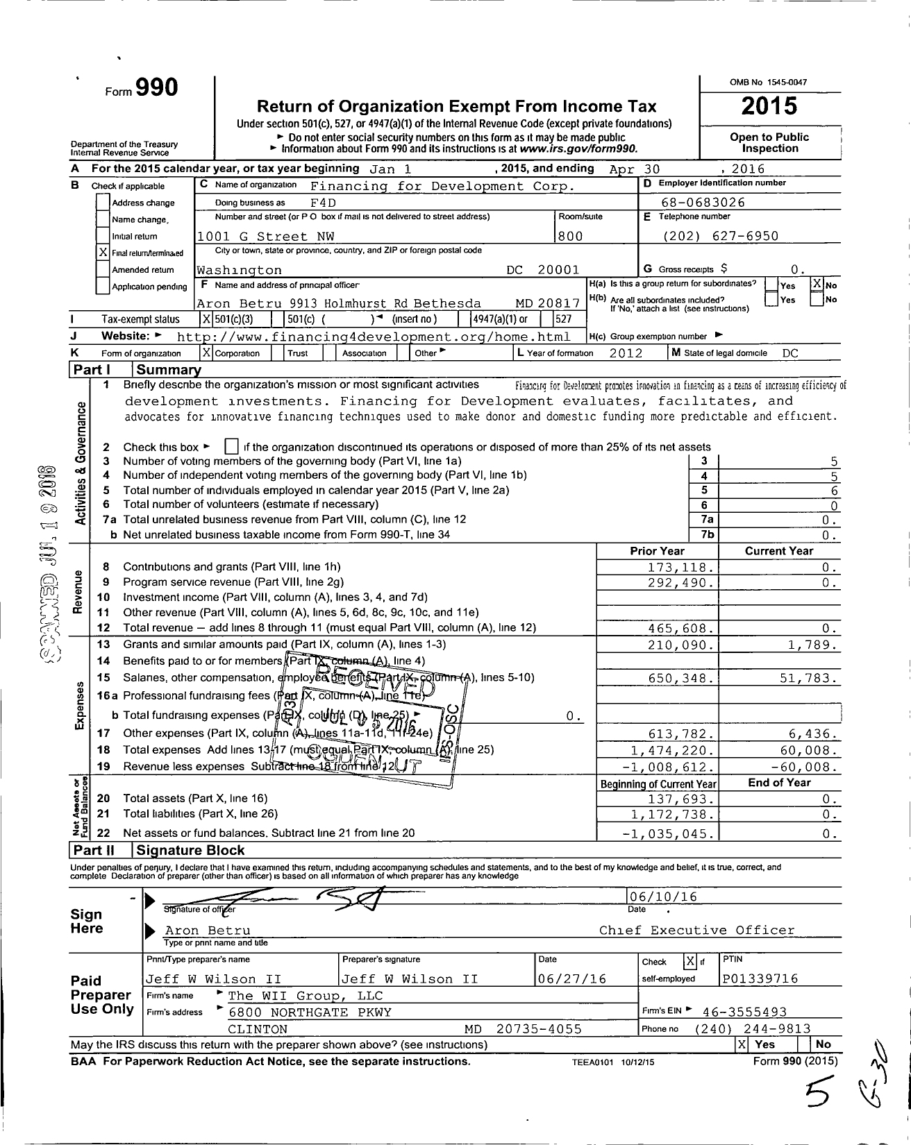 Image of first page of 2015 Form 990 for Financing for Development Corp