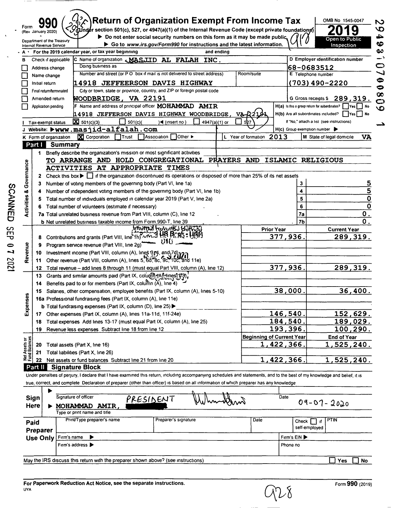 Image of first page of 2019 Form 990 for Masjid Al Falah