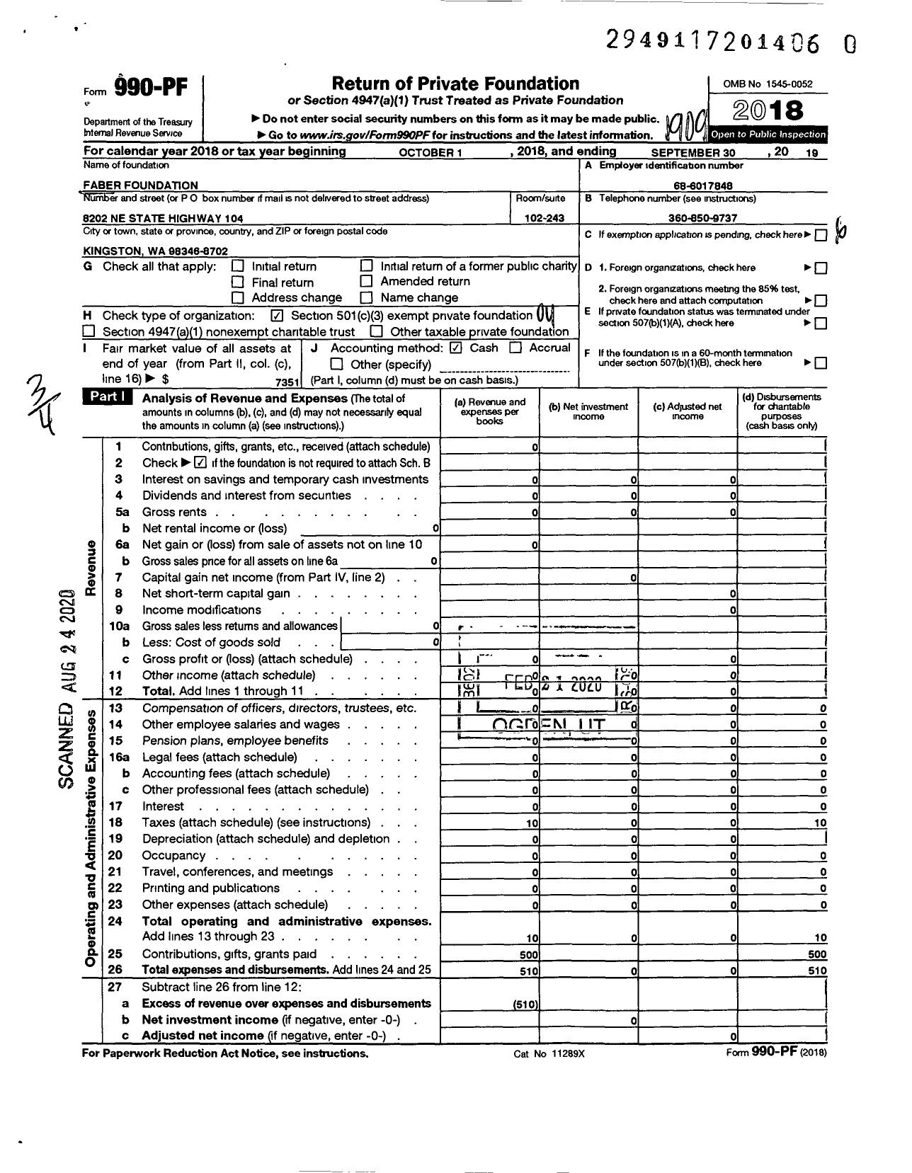 Image of first page of 2018 Form 990PR for Faber Foundation