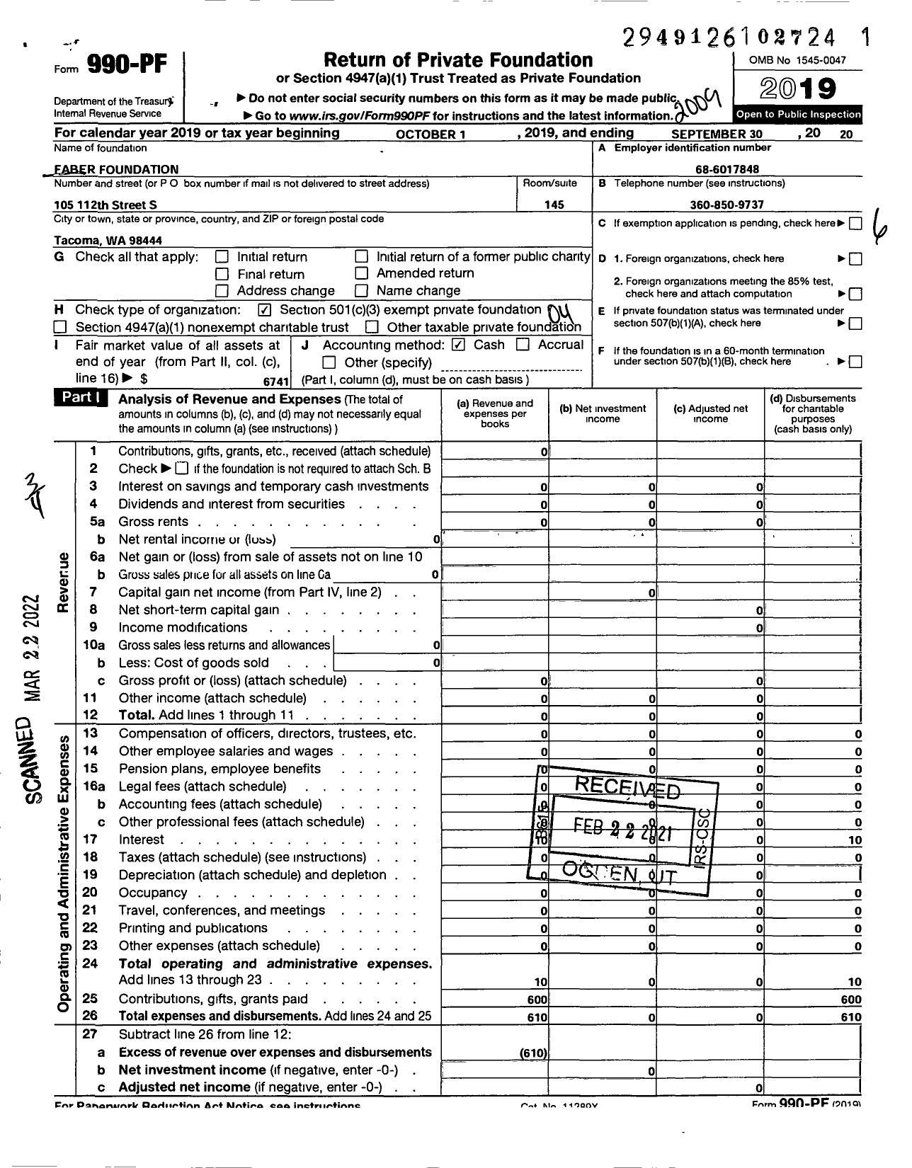 Image of first page of 2019 Form 990PF for Faber Foundation