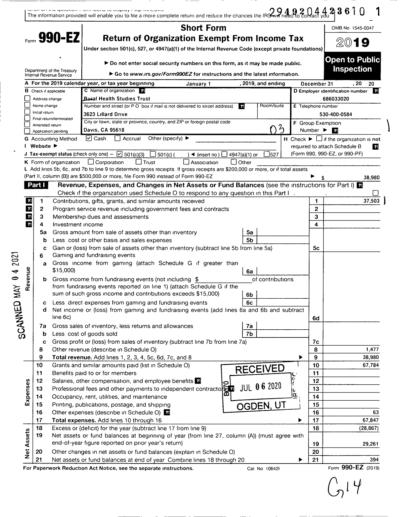 Image of first page of 2019 Form 990EZ for Rural Health Studies Trust Rural Health Studies Trust