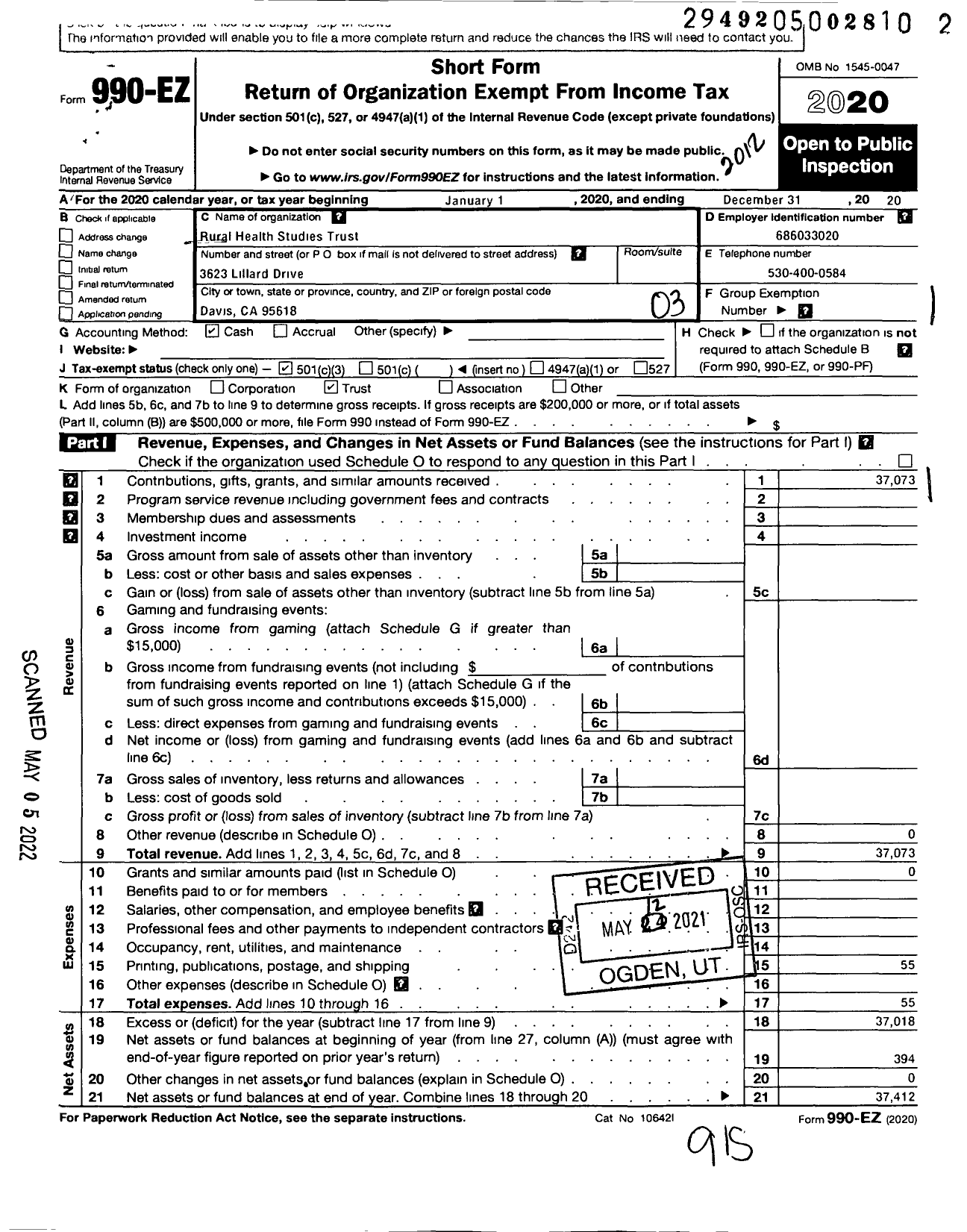 Image of first page of 2020 Form 990EZ for Rural Health Studies Trust Rural Health Studies Trust