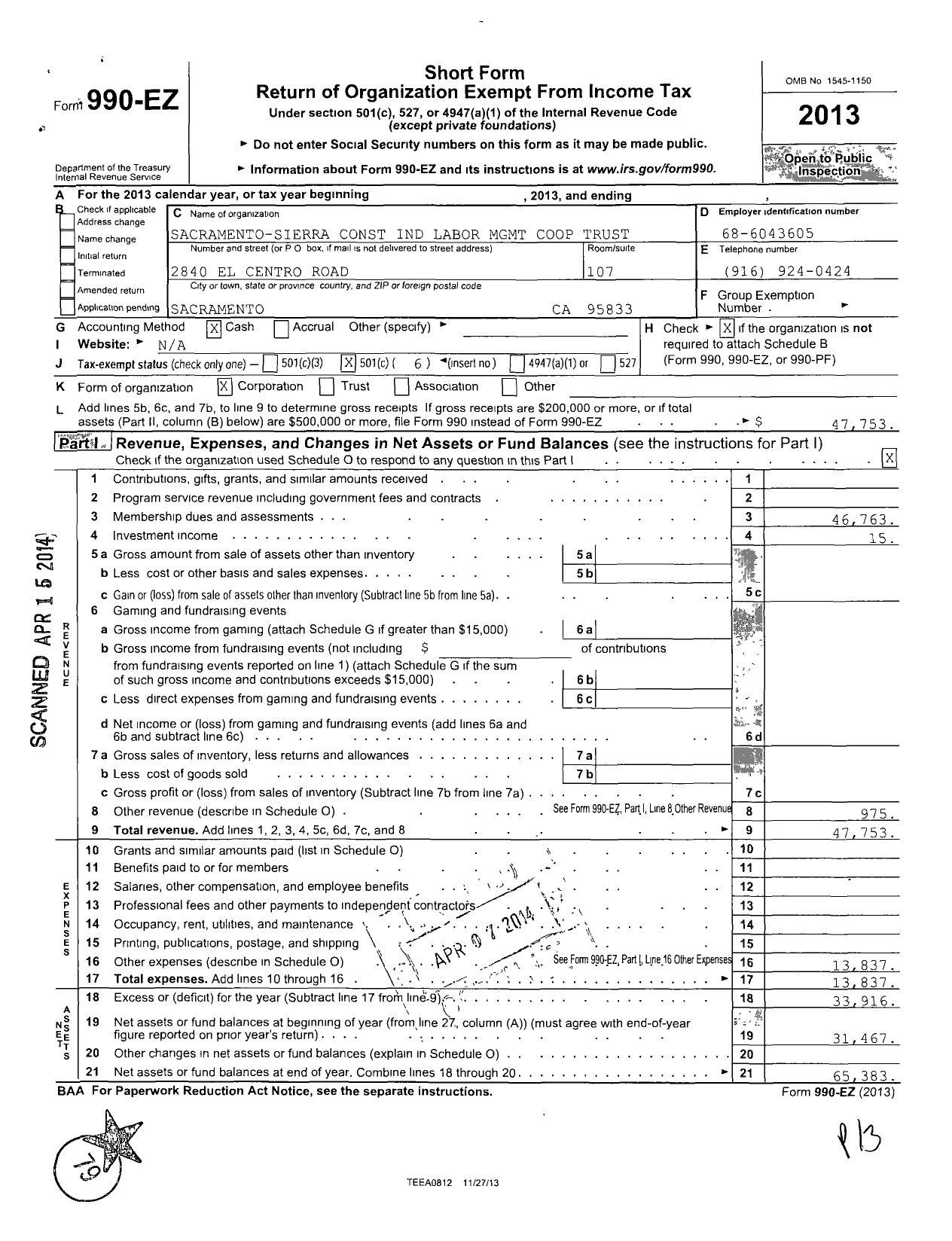 Image of first page of 2013 Form 990EO for Sacramento Sierra Construction Industry Labor MGT Cooperation Trust