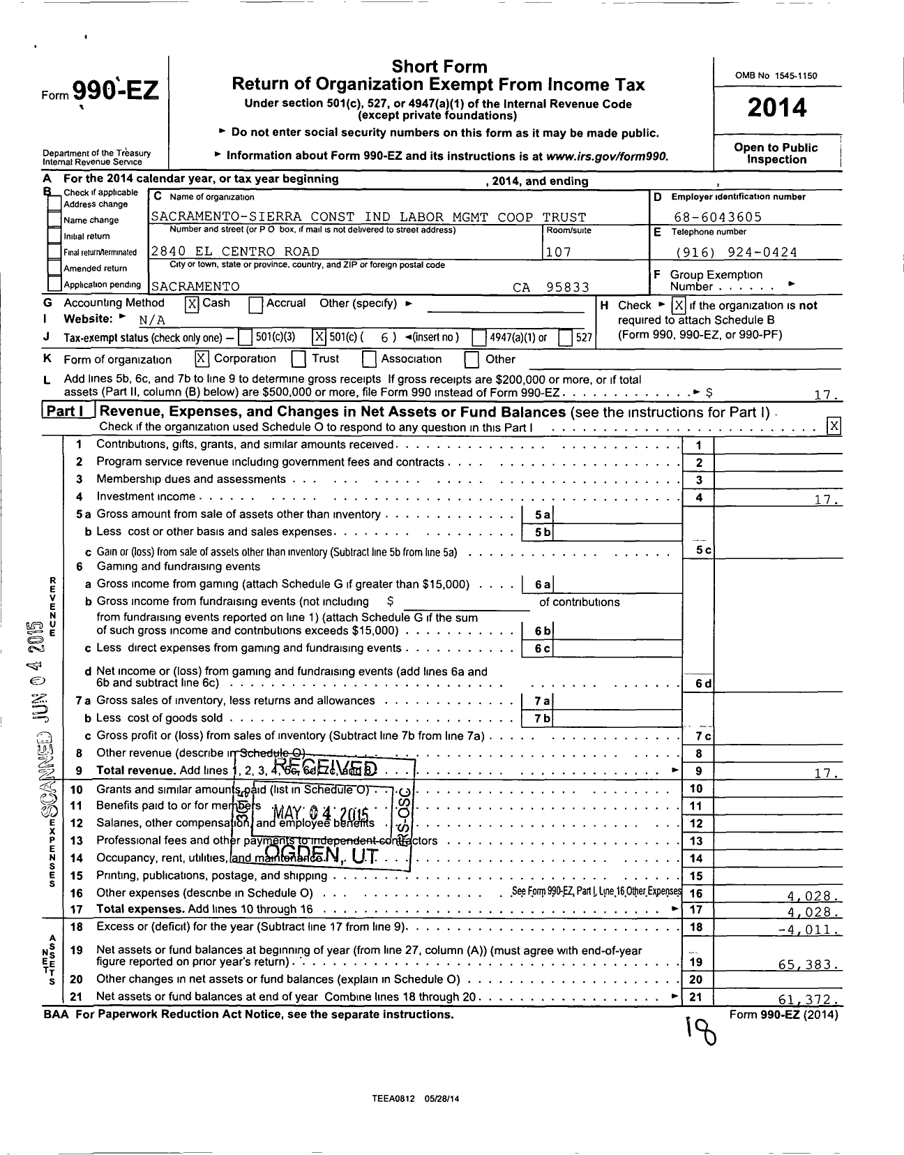 Image of first page of 2014 Form 990EO for Sacramento Sierra Construction Industry Labor MGT Cooperation Trust