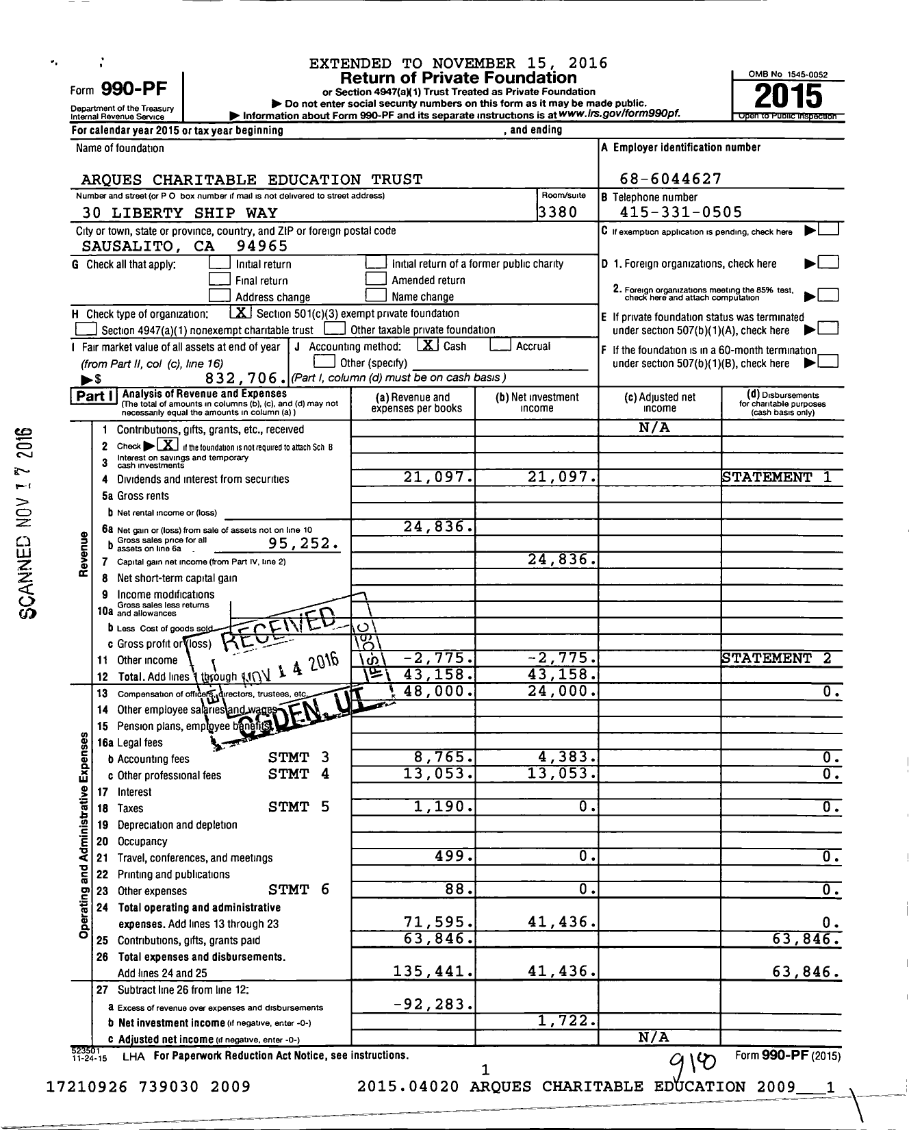 Image of first page of 2015 Form 990PF for Arques Charitable Education Trust