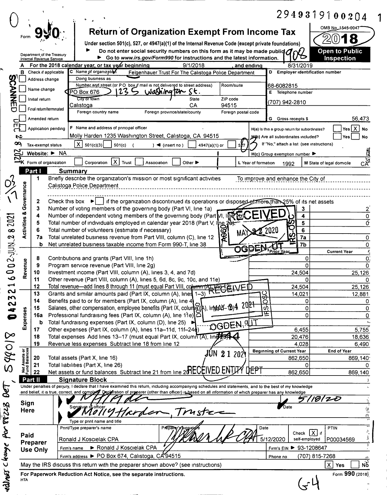 Image of first page of 2018 Form 990 for Rudolf and Maria Felgenhauer Trust For The Calistoga Police Department