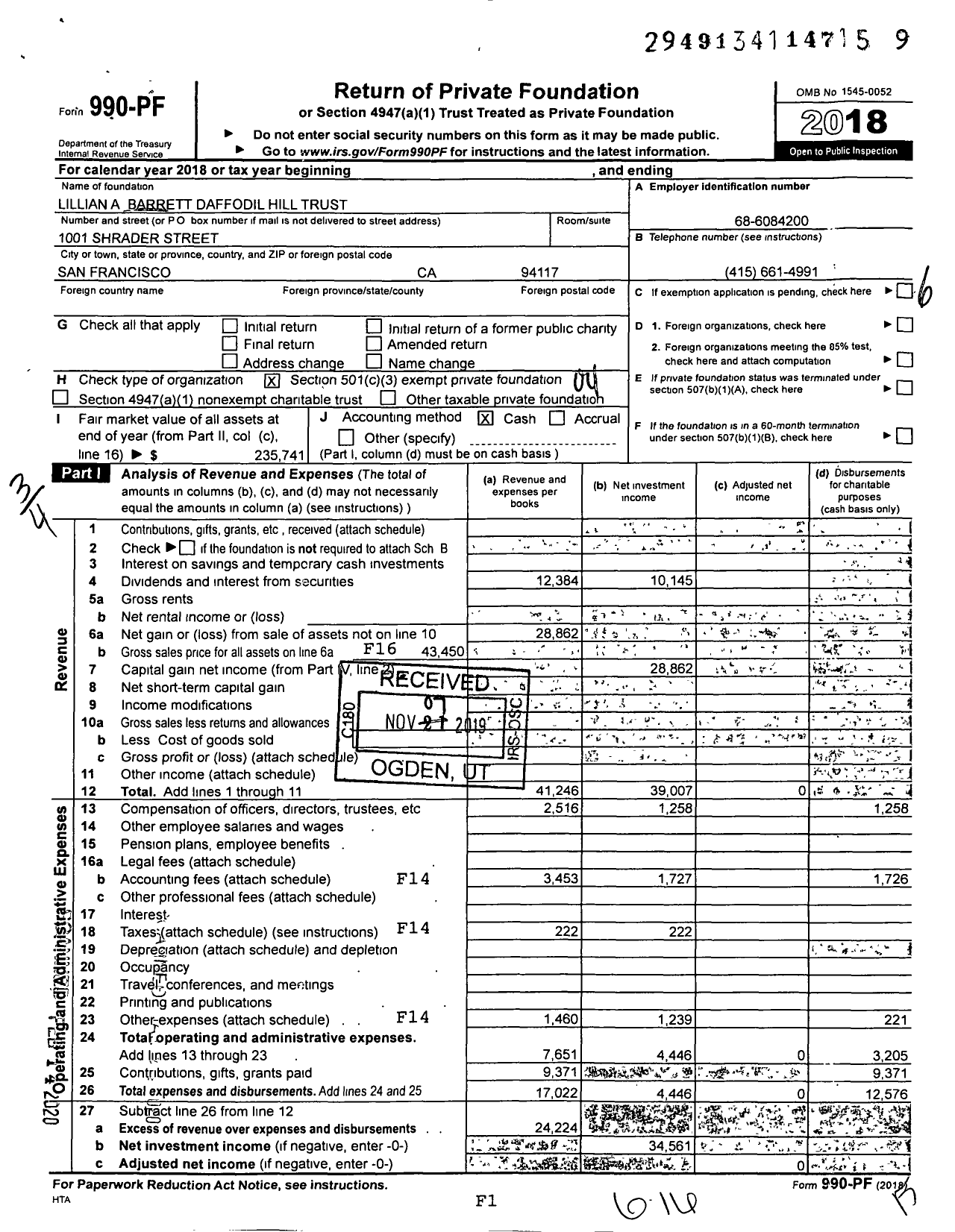 Image of first page of 2018 Form 990PF for Lillian A Barrett Daffodil Hill Trust