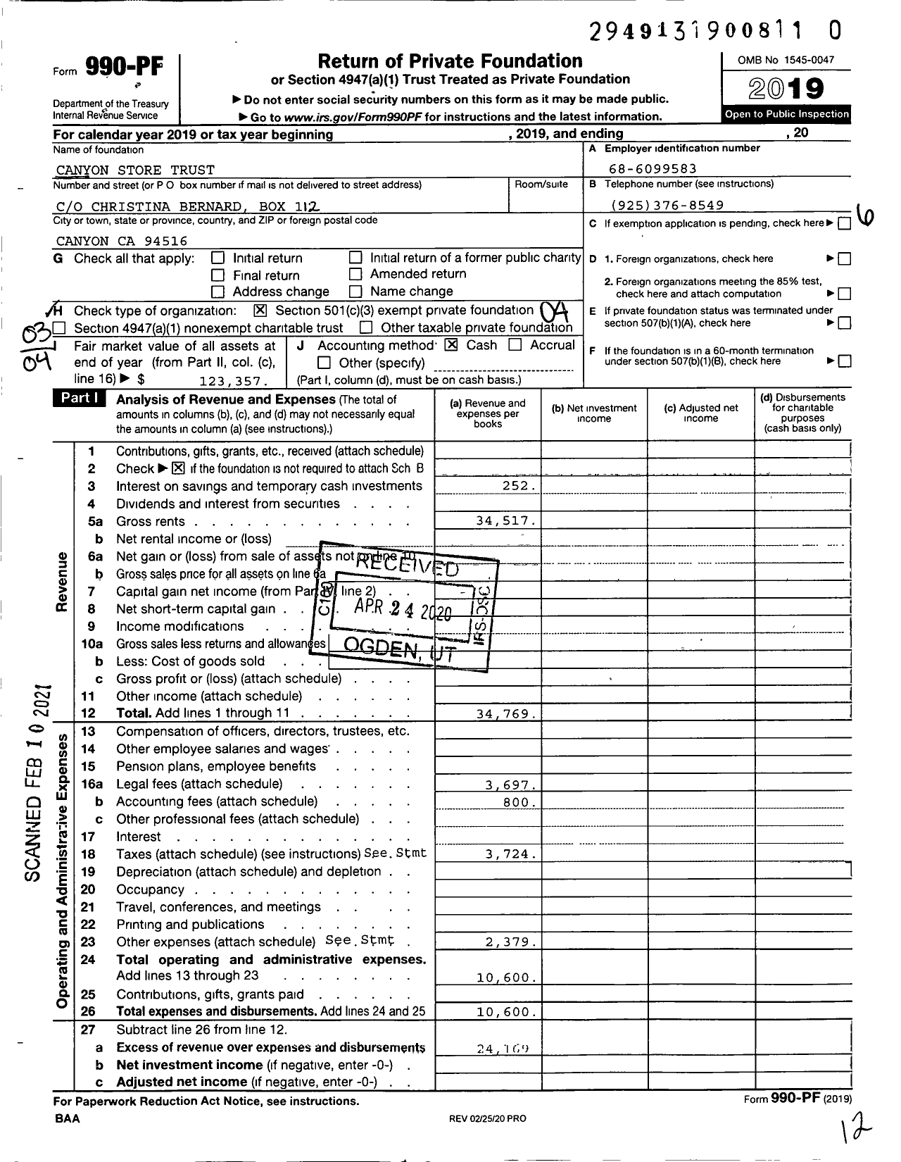Image of first page of 2019 Form 990PF for Canyon Store Trust