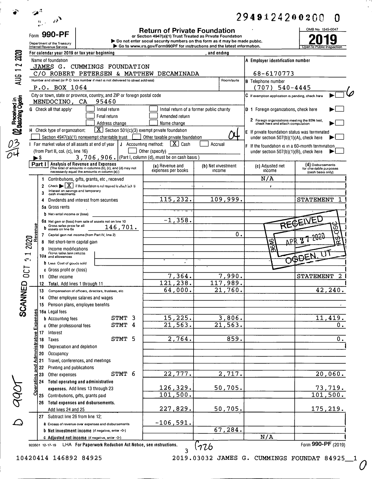 Image of first page of 2019 Form 990PR for James G Cummings Foundation