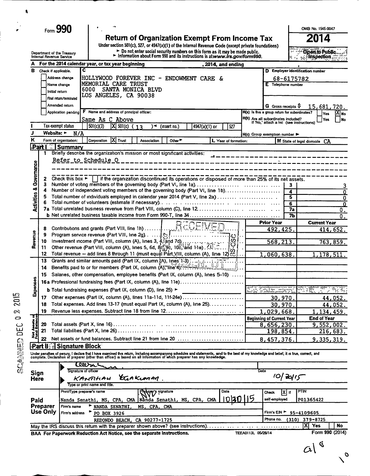 Image of first page of 2014 Form 990O for Hollywood Forever - Endowment Care and Memorial Care Trust