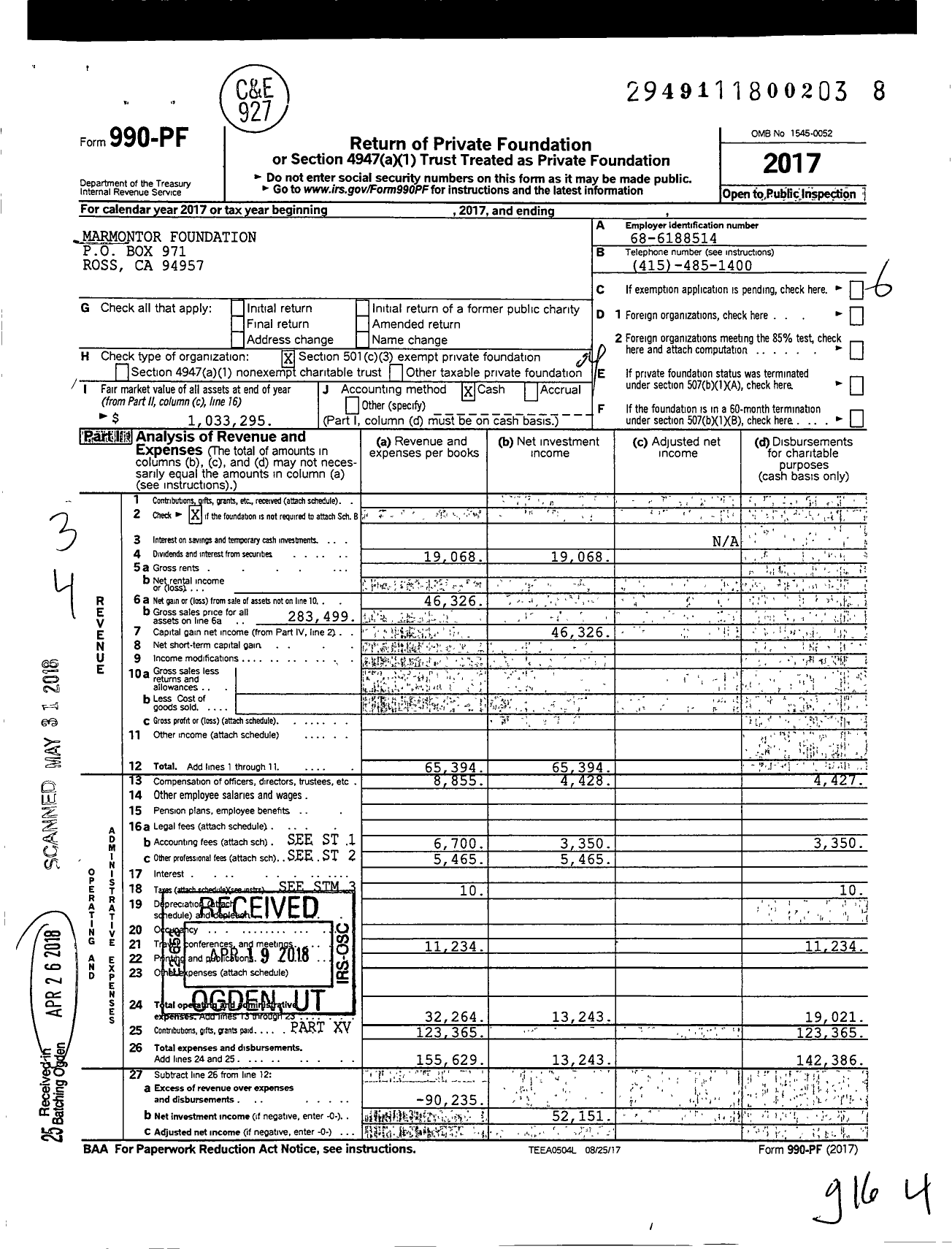 Image of first page of 2017 Form 990PF for Marmontor Foundation
