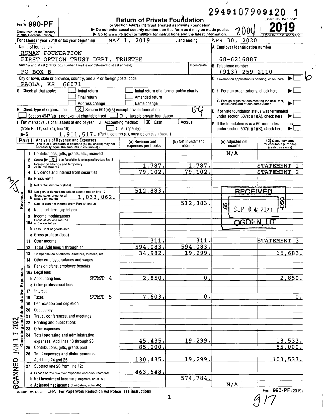 Image of first page of 2019 Form 990PF for Roman Foundation First Option Trust Dept Trustee