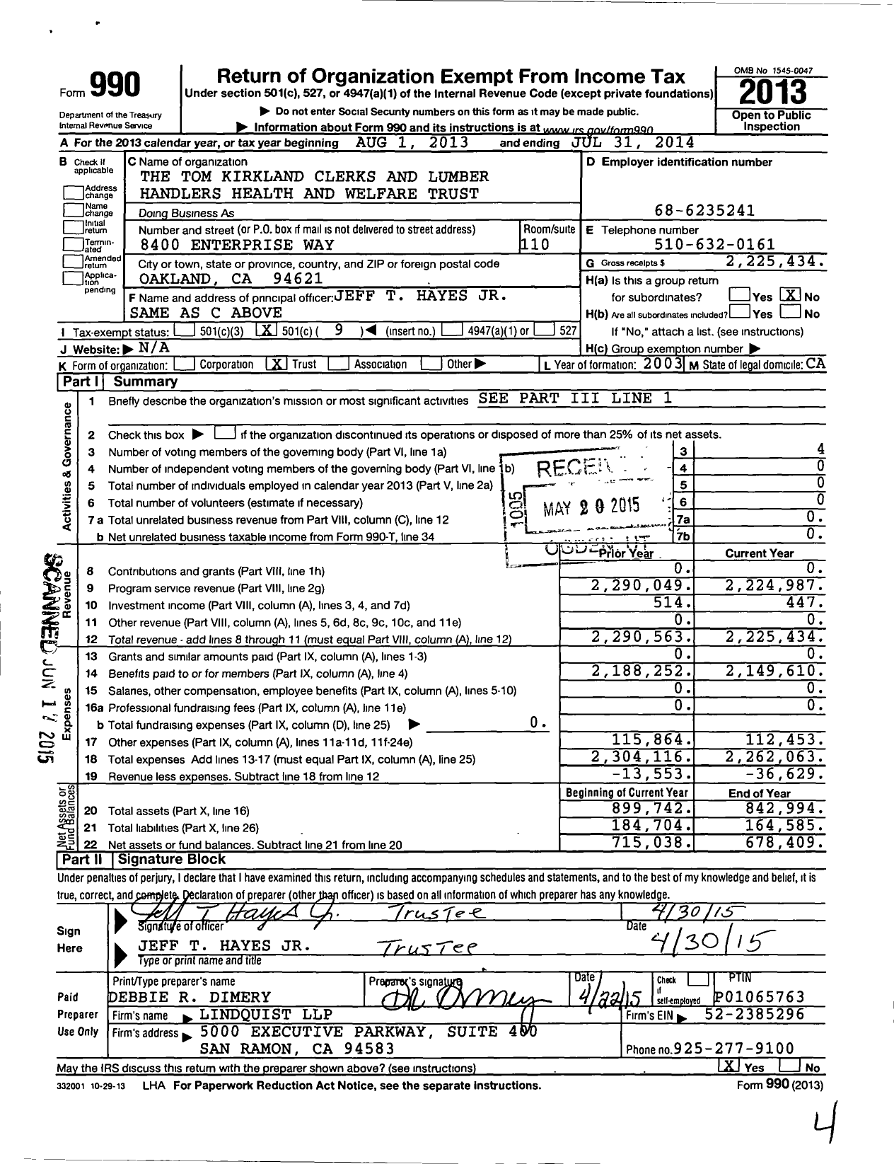 Image of first page of 2013 Form 990O for The Tom Kirkland Clerks and Lumber Handlers Health and Welfare Trust Fund