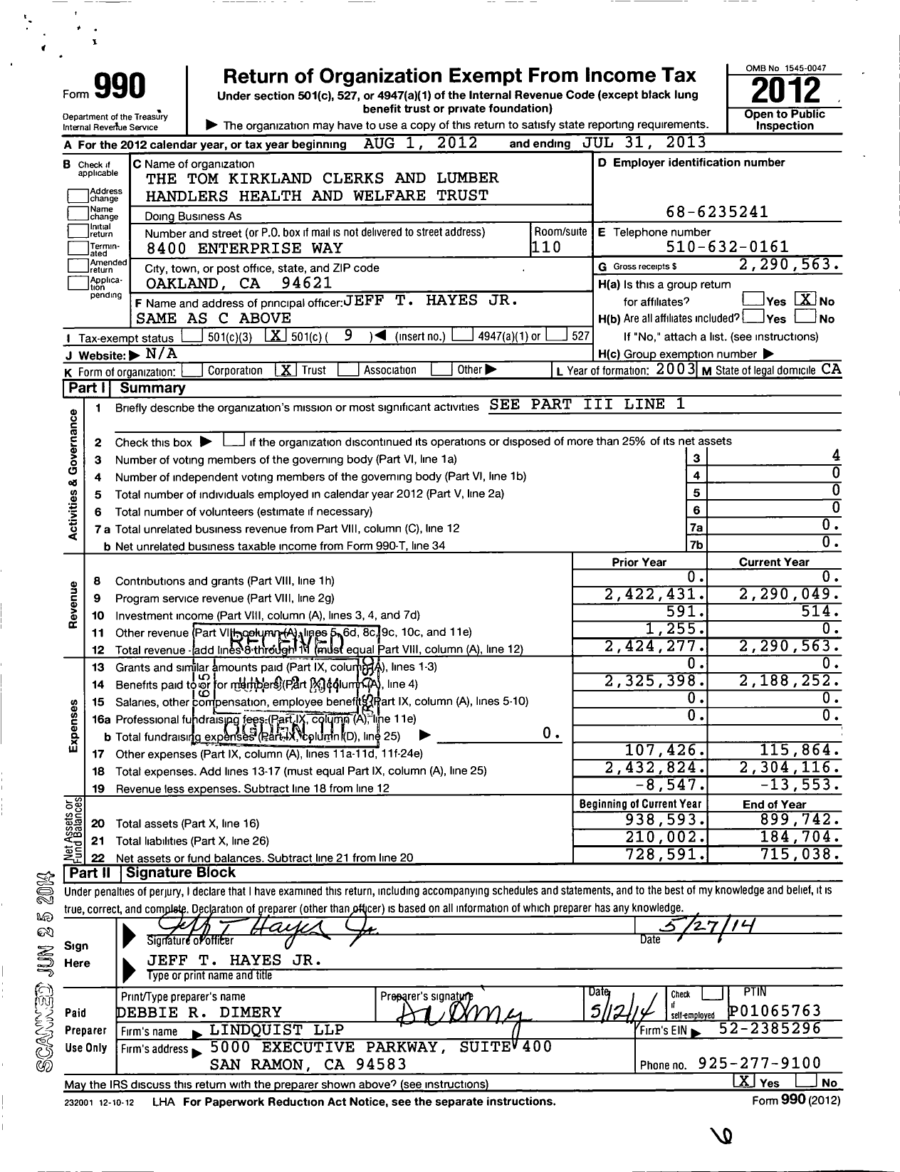 Image of first page of 2012 Form 990O for The Tom Kirkland Clerks and Lumber Handlers Health and Welfare Trust Fund