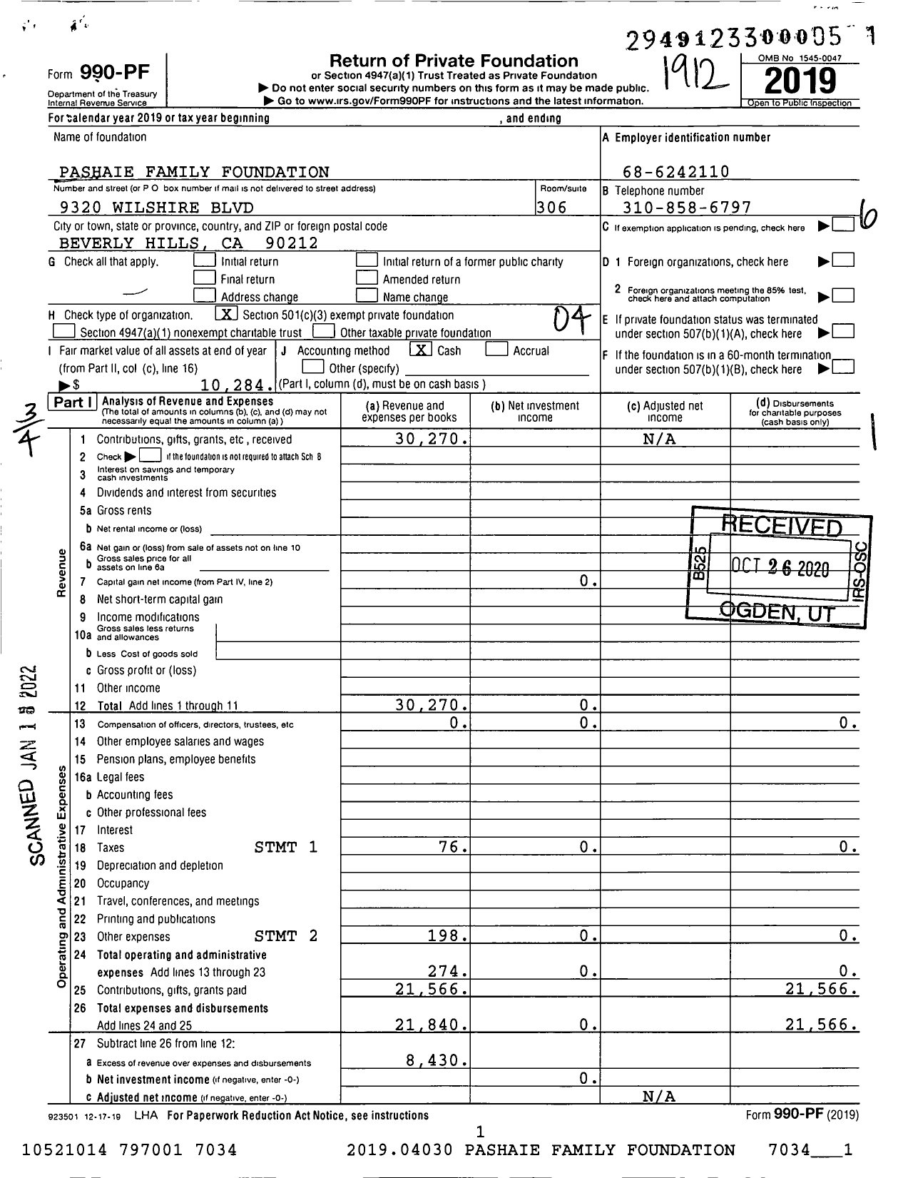 Image of first page of 2019 Form 990PF for Pashaie Family Foundation