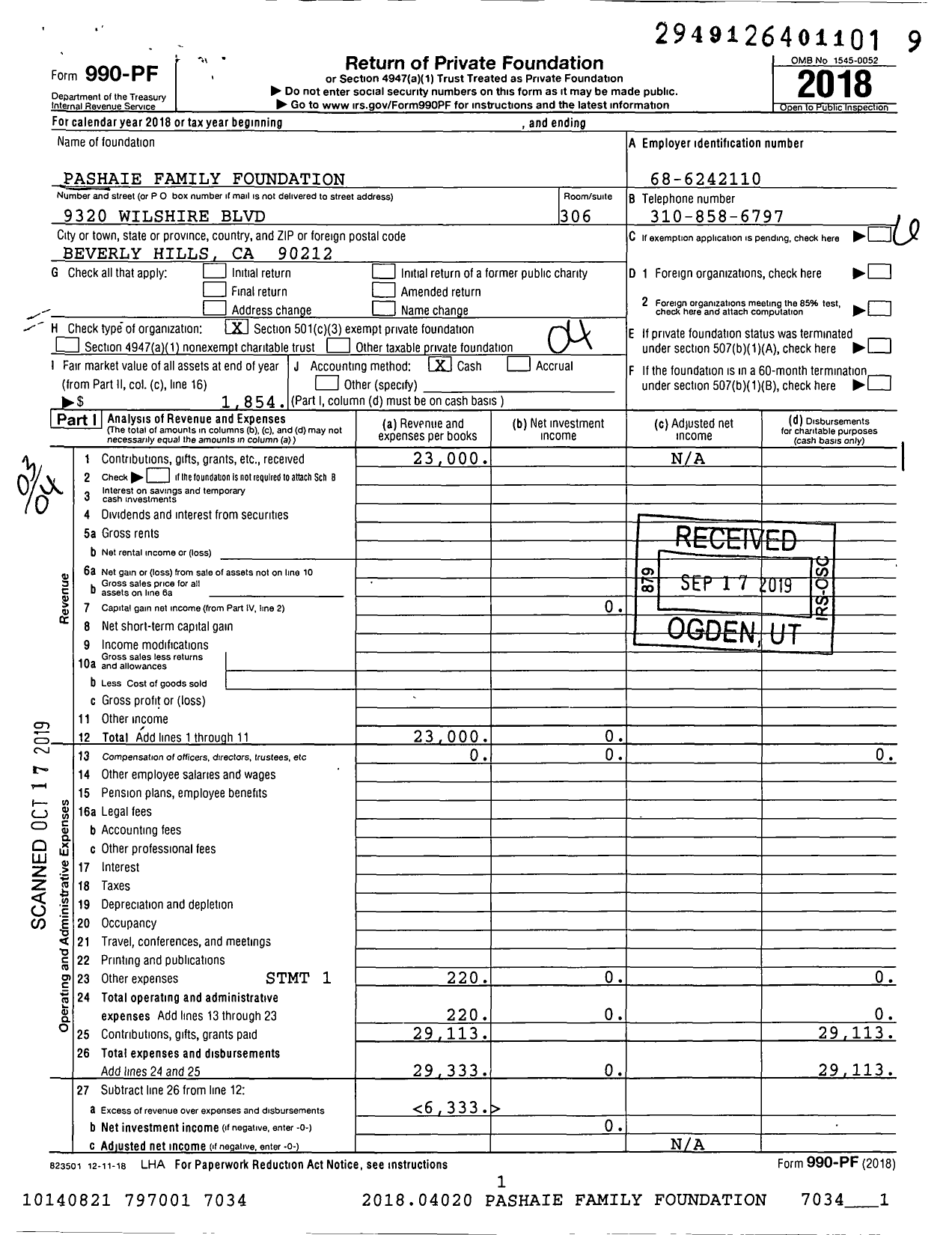 Image of first page of 2018 Form 990PF for Pashaie Family Foundation