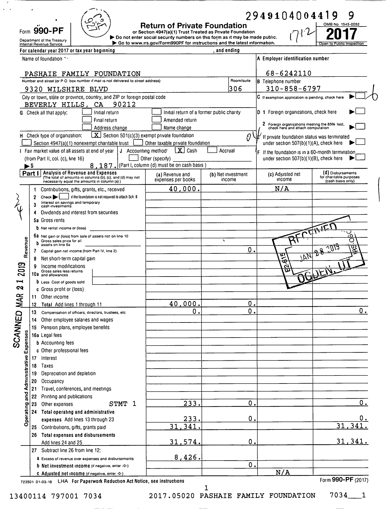 Image of first page of 2017 Form 990PF for Pashaie Family Foundation