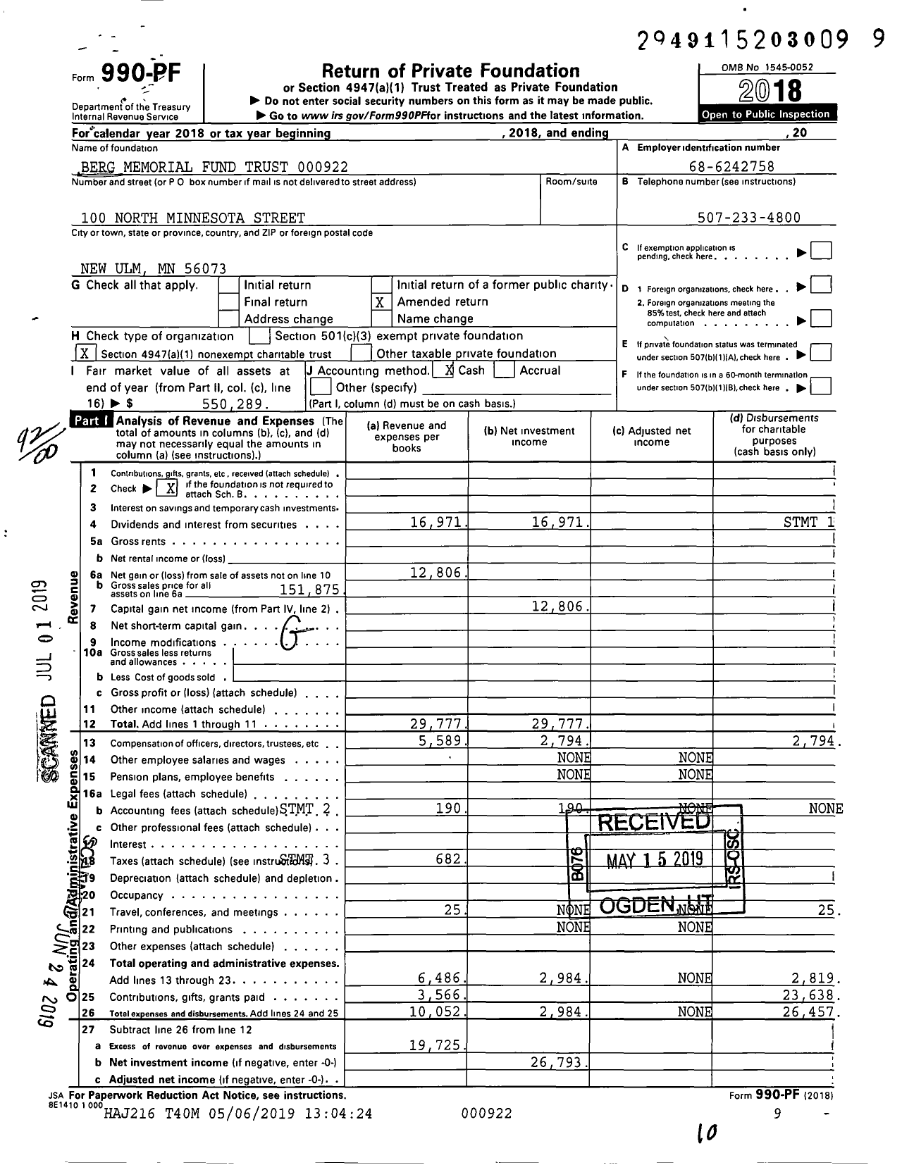 Image of first page of 2018 Form 990PF for Berg Memorial Fund Trust 000922