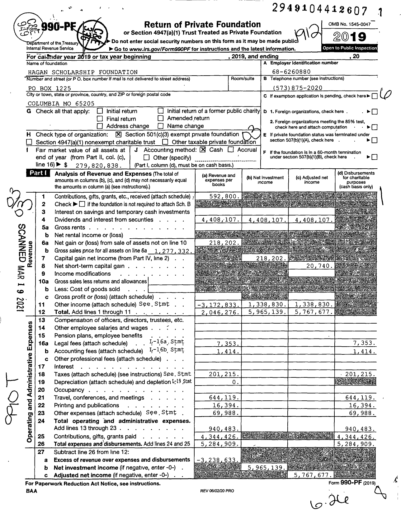 Image of first page of 2019 Form 990PF for Hagan Scholarship Foundation