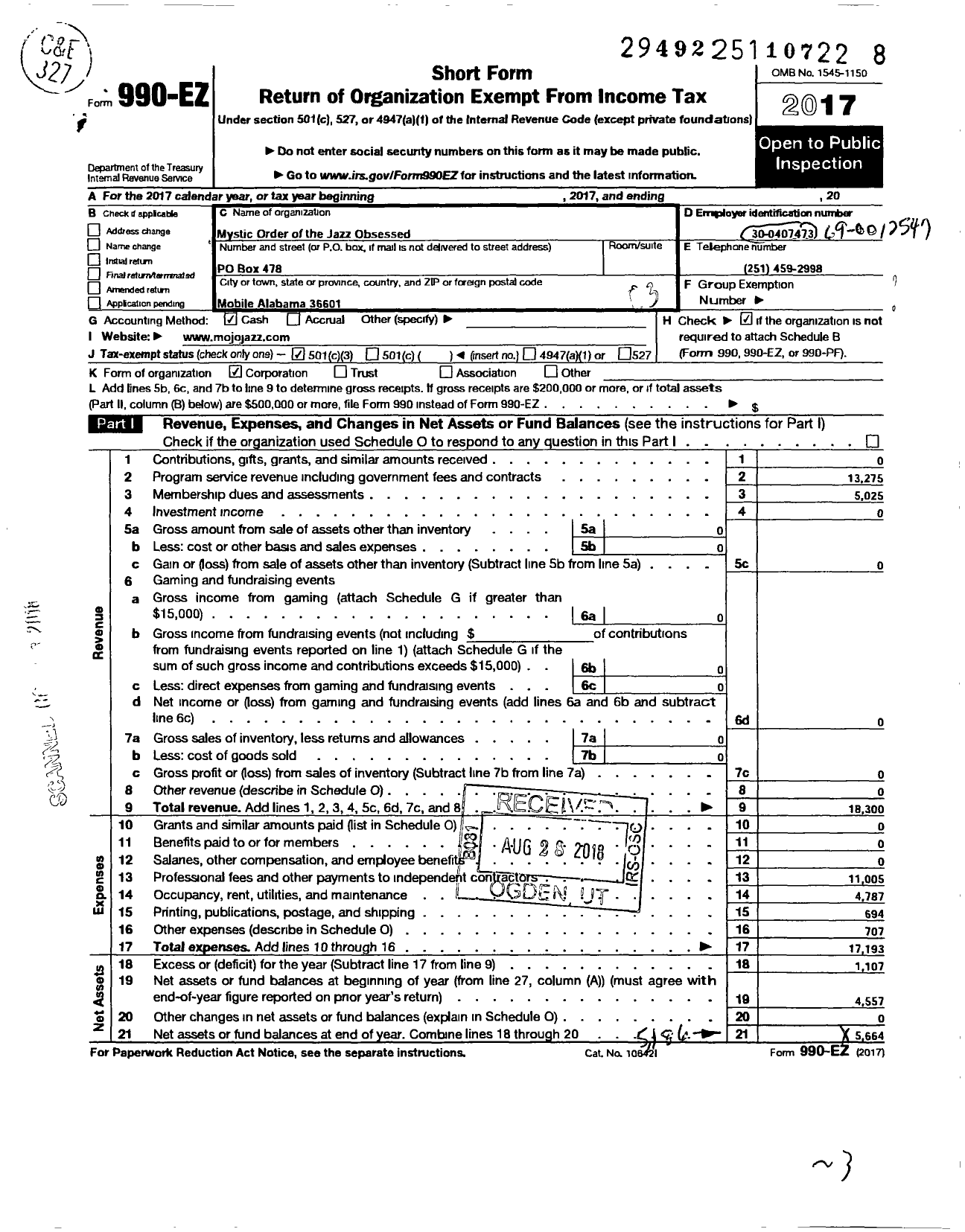 Image of first page of 2017 Form 990EZ for Mystic Order of Jazz Obsessed (MOJO)