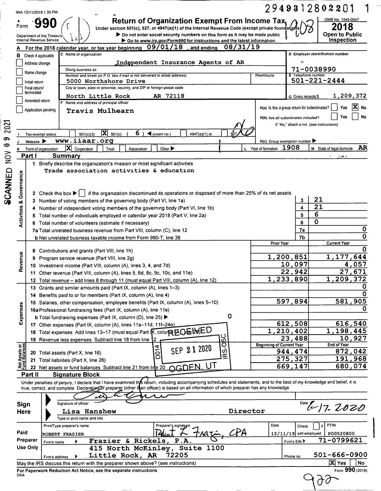 Image of first page of 2018 Form 990O for Independent Insurance Agents of Ar