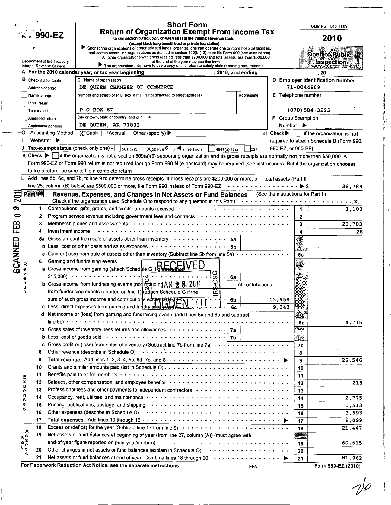 Image of first page of 2010 Form 990EO for Sevier County Chamber of Commerce