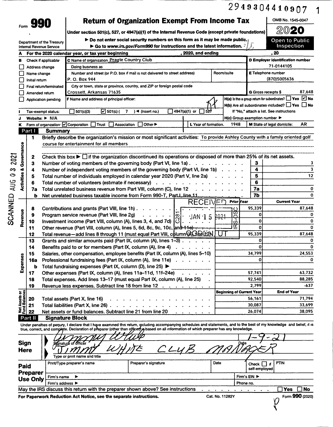 Image of first page of 2020 Form 990O for Prairie Country Club