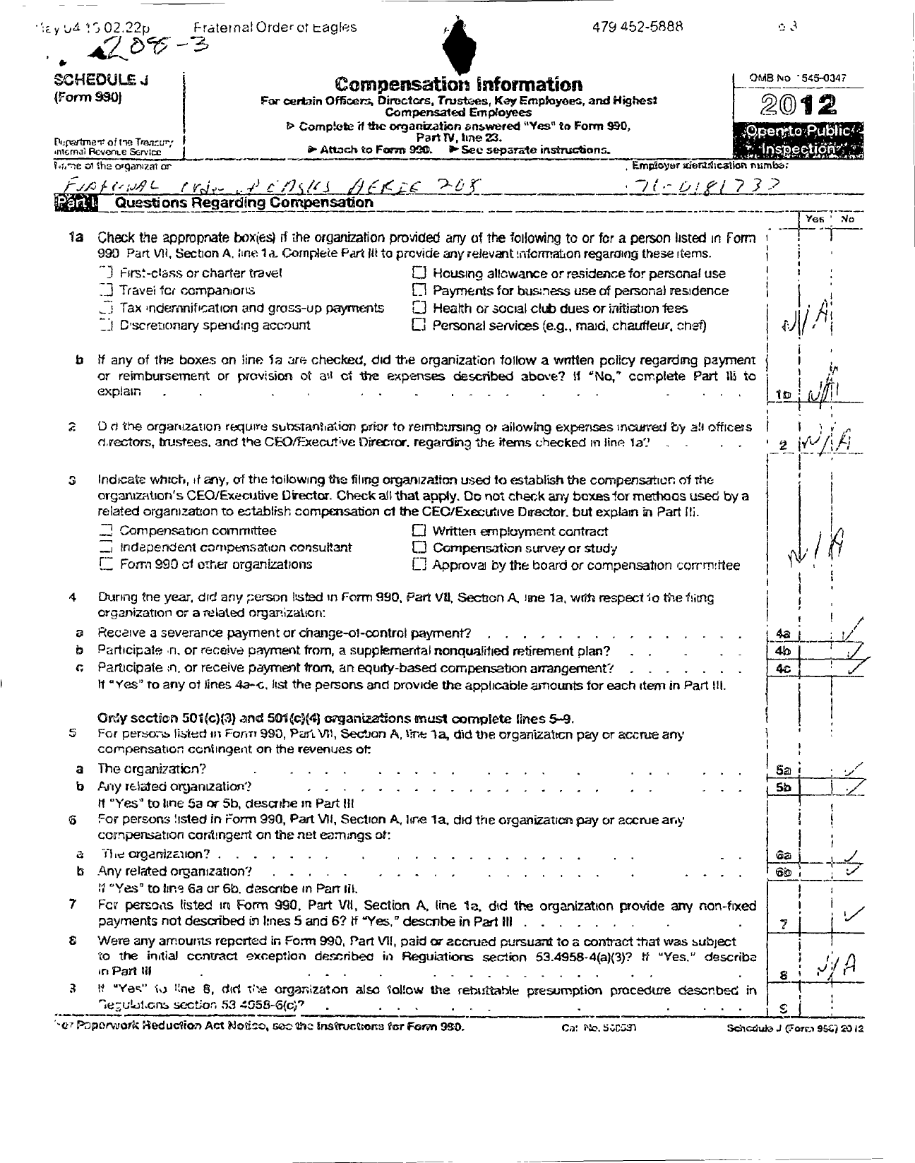 Image of first page of 2011 Form 990OR for Fraternal Order of Eagles - 208 Aerie