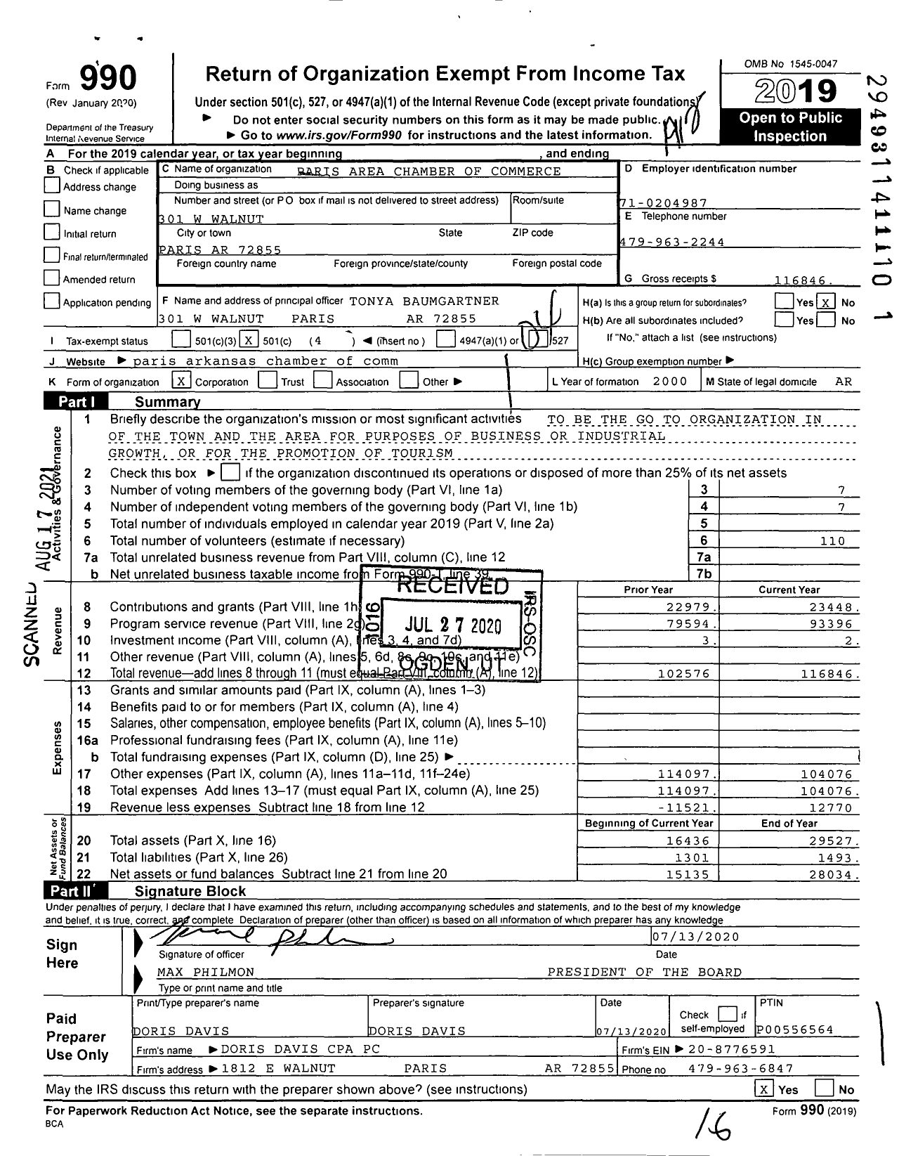 Image of first page of 2019 Form 990O for Paris Area Chamber of Commerce