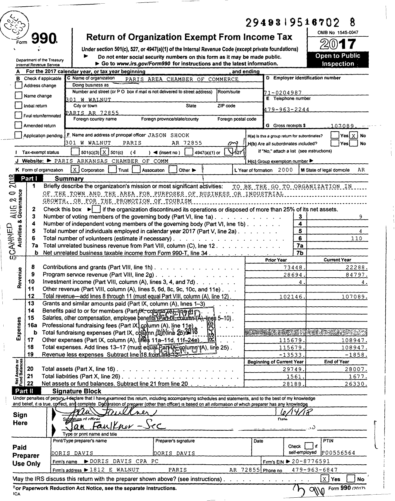 Image of first page of 2017 Form 990O for Paris Area Chamber of Commerce