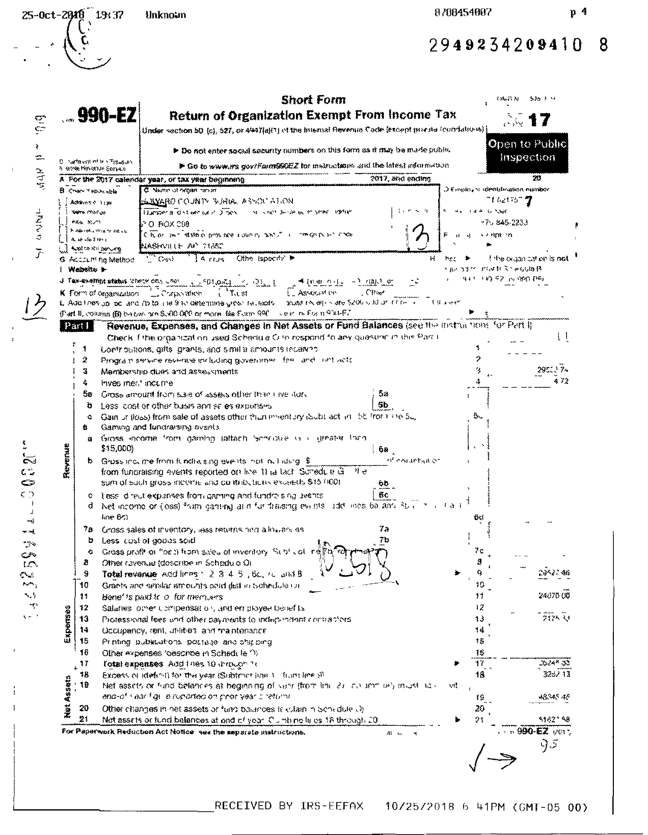 Image of first page of 2017 Form 990EO for Howard County Burial Association