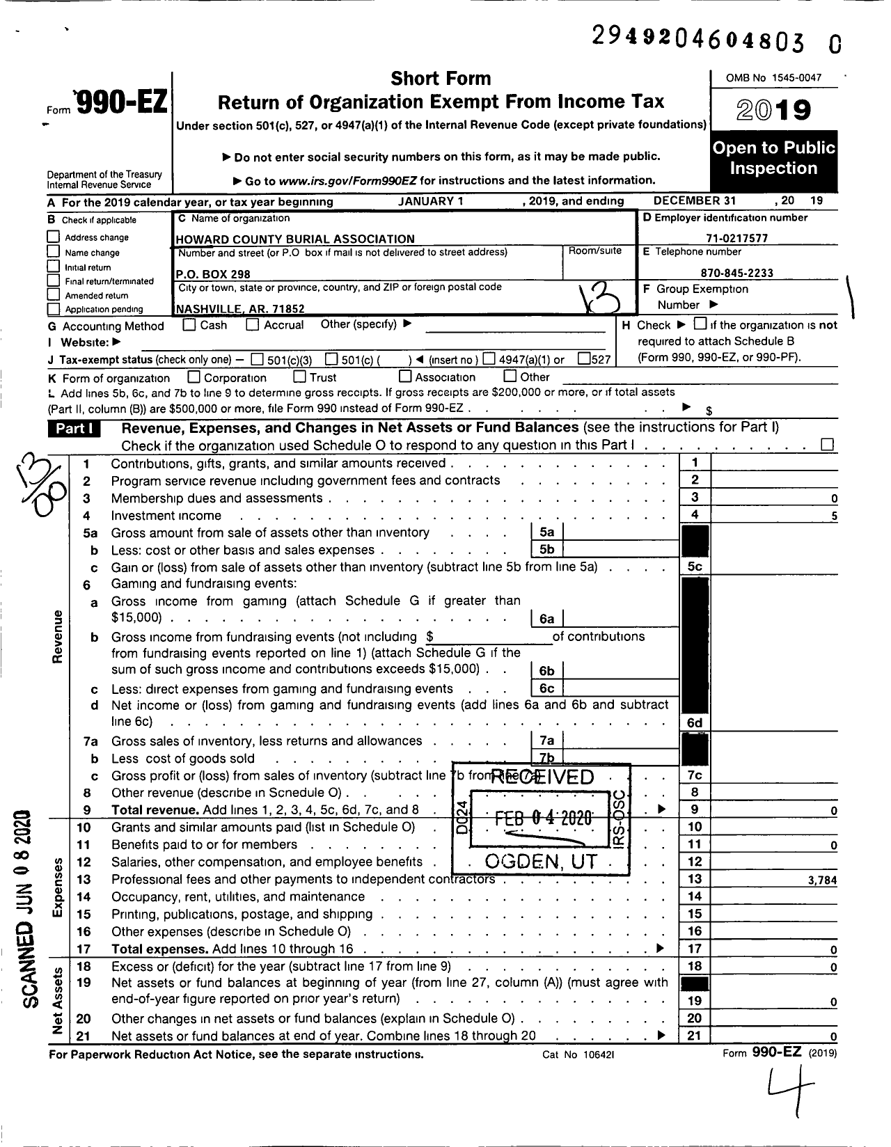 Image of first page of 2019 Form 990EO for Howard County Burial Association