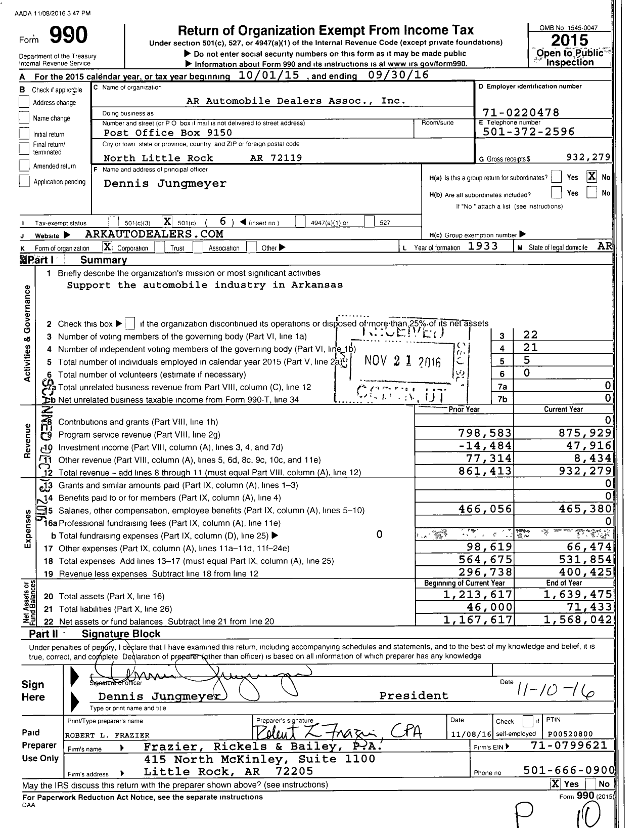 Image of first page of 2015 Form 990O for Ar Automobile Dealers Association
