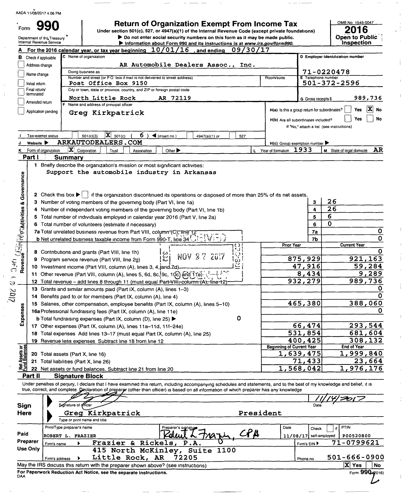 Image of first page of 2016 Form 990O for Ar Automobile Dealers Association