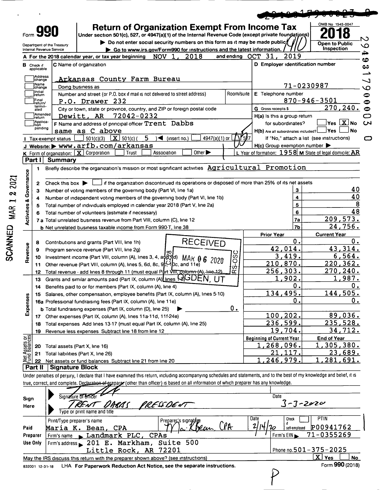 Image of first page of 2018 Form 990O for Arkansas County Farm Bureau