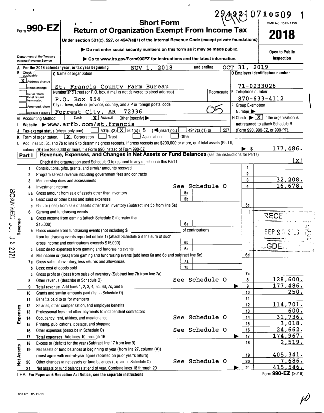 Image of first page of 2018 Form 990EO for St Francis County Farm Bureau