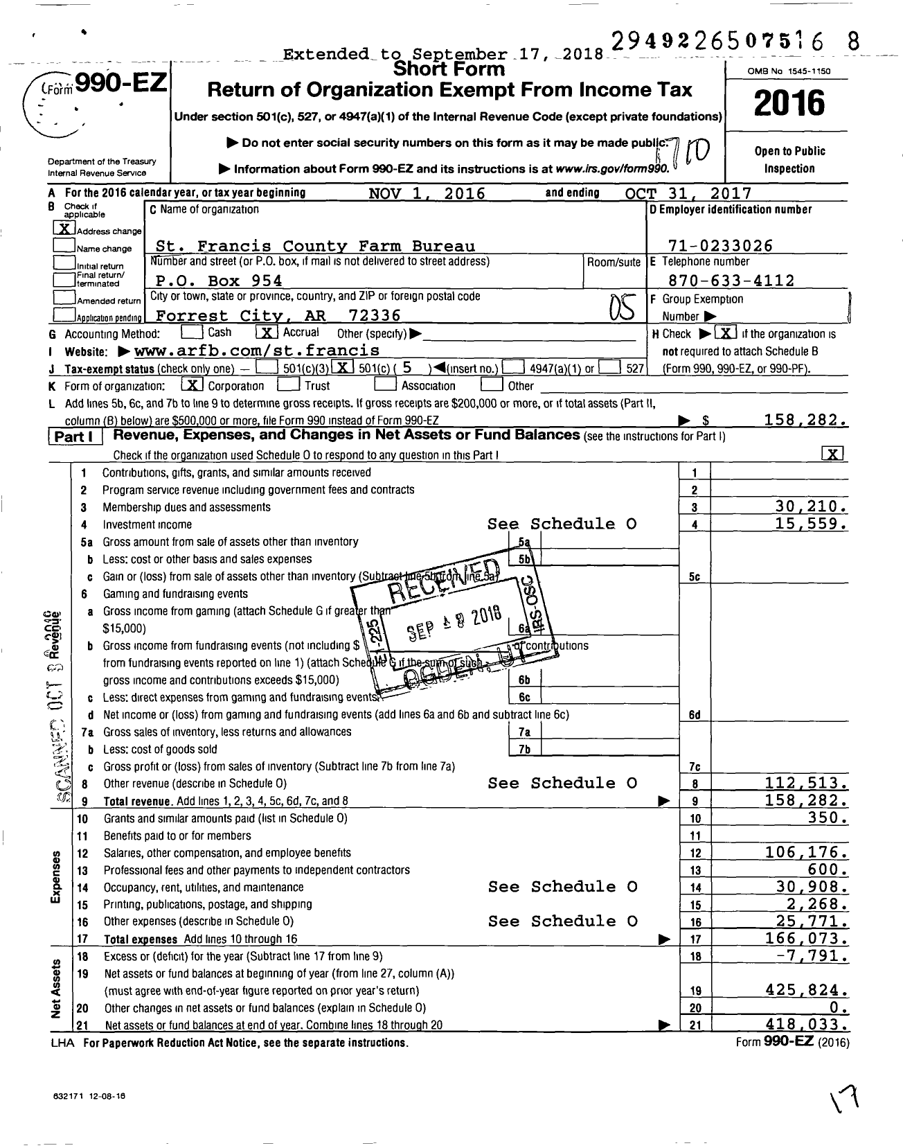 Image of first page of 2016 Form 990EO for St Francis County Farm Bureau