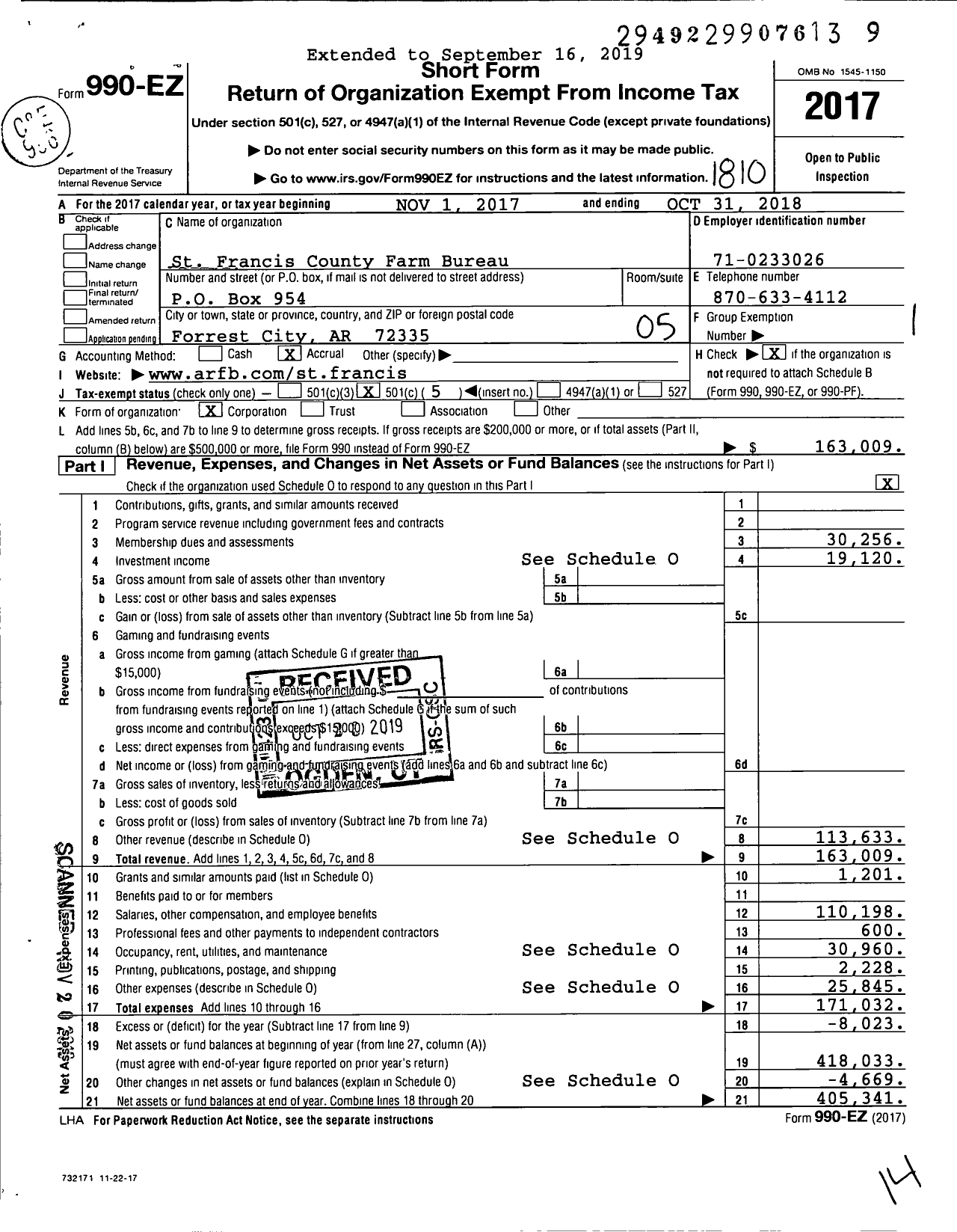 Image of first page of 2017 Form 990EO for St Francis County Farm Bureau