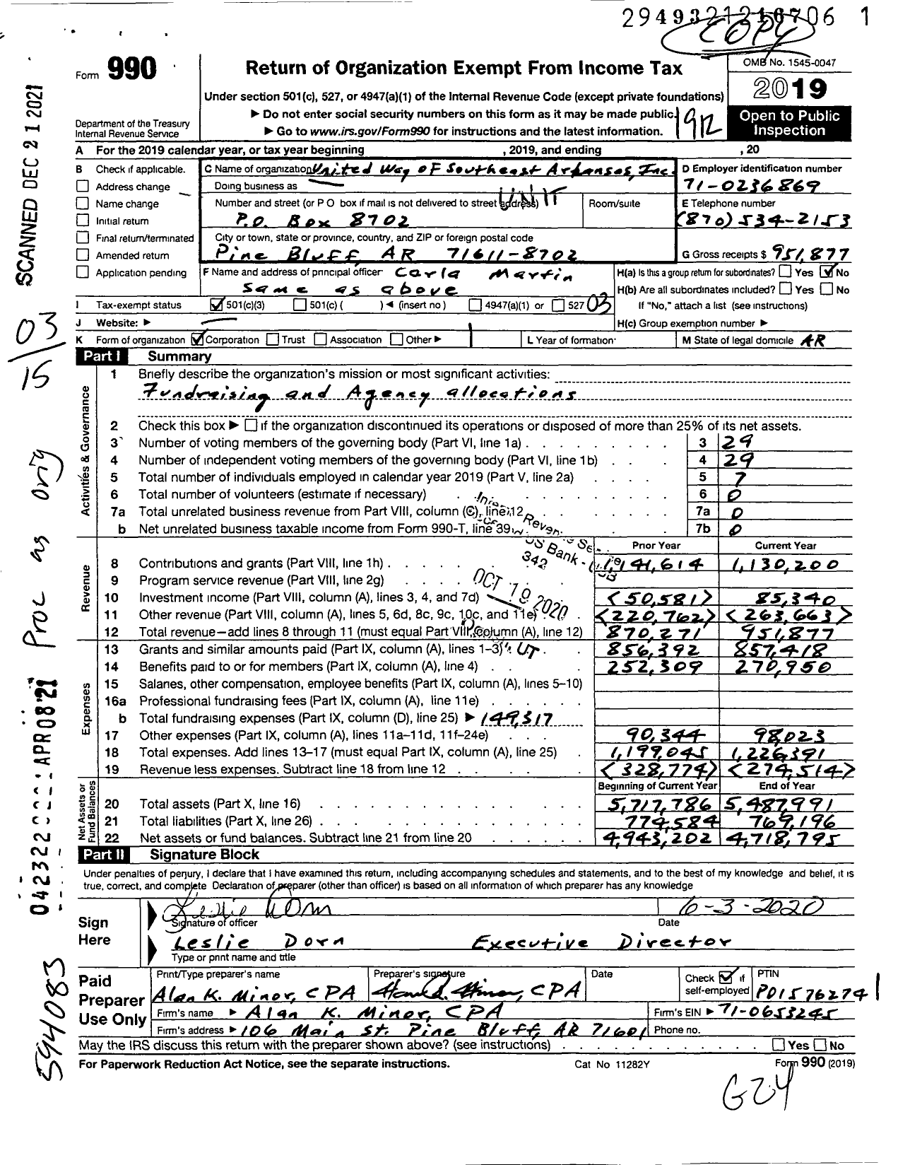 Image of first page of 2019 Form 990 for United Way of Southeast Arkansas